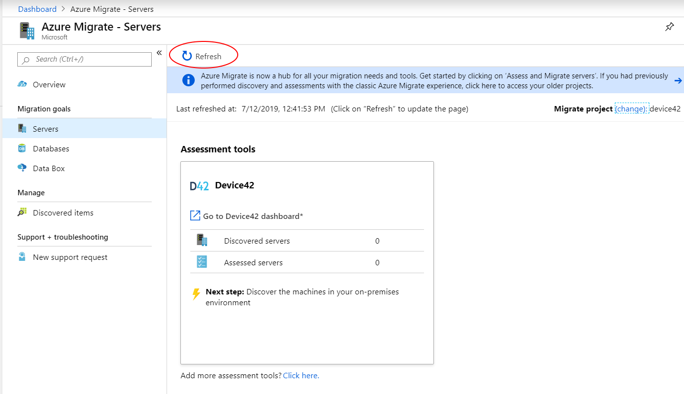 Refresh the Azure Migrate Hub window