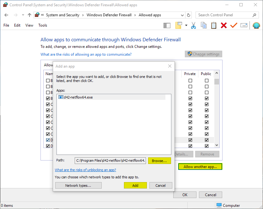 Allow D42NetFlow through Windows Firewall