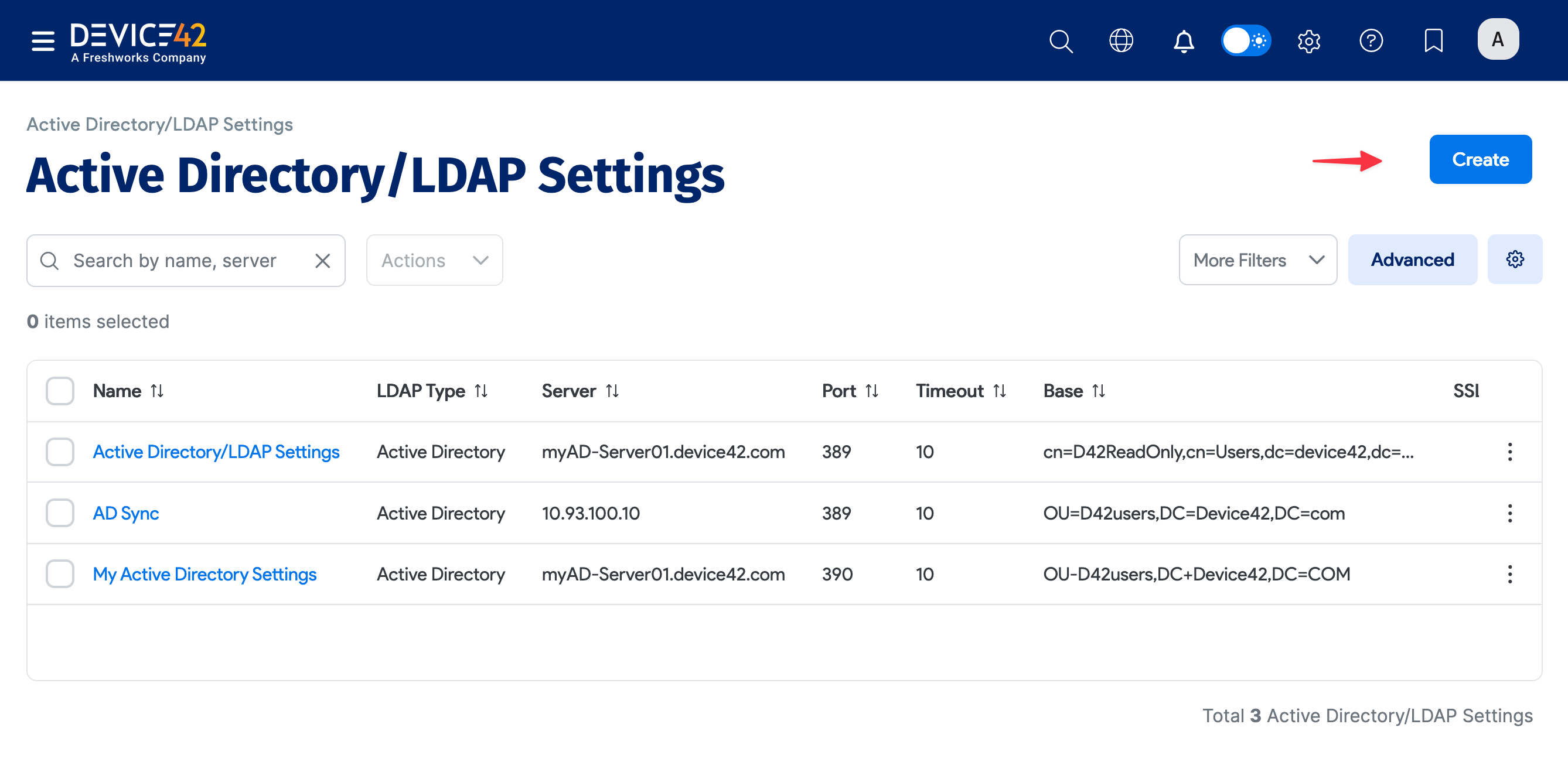 Active Directory/LDAP Settings list page