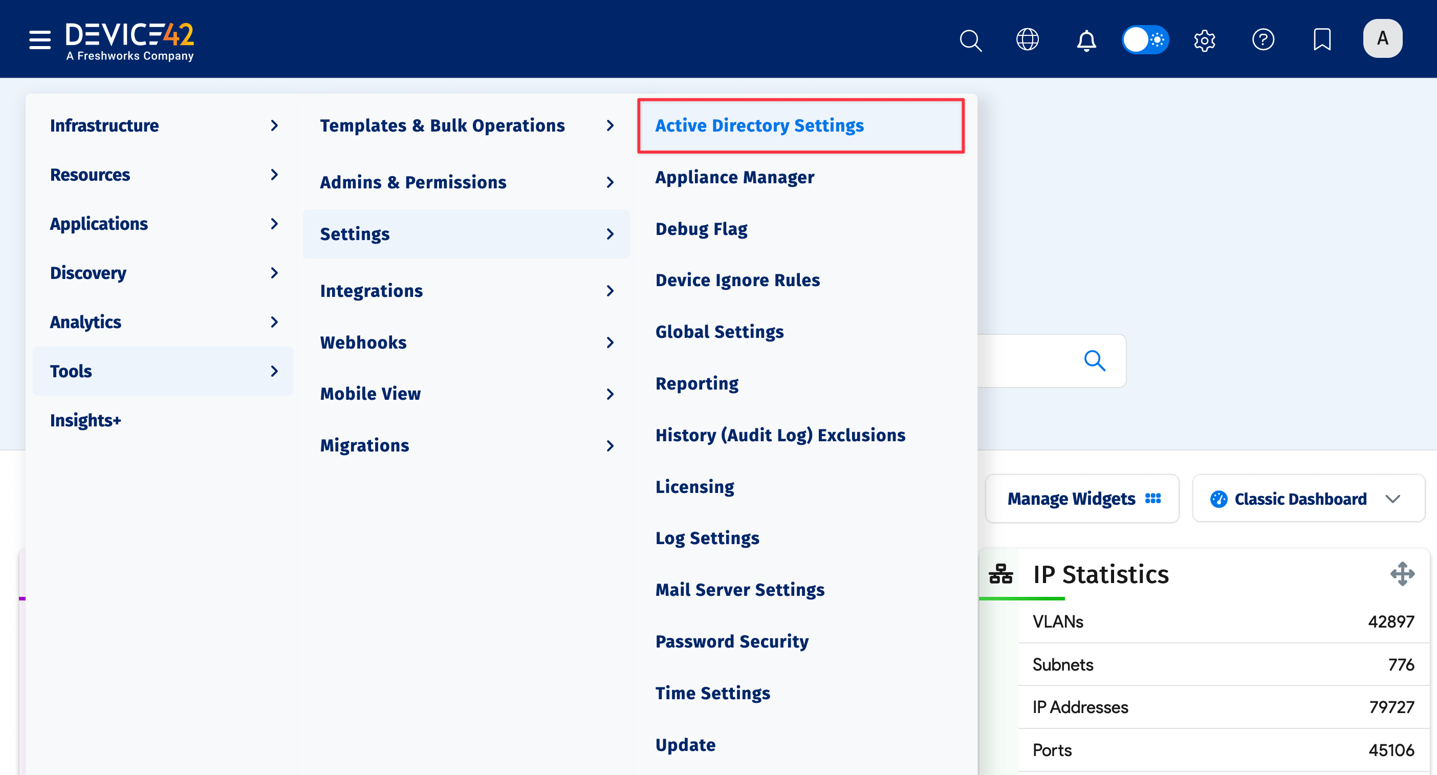 Active Directory Settings menu