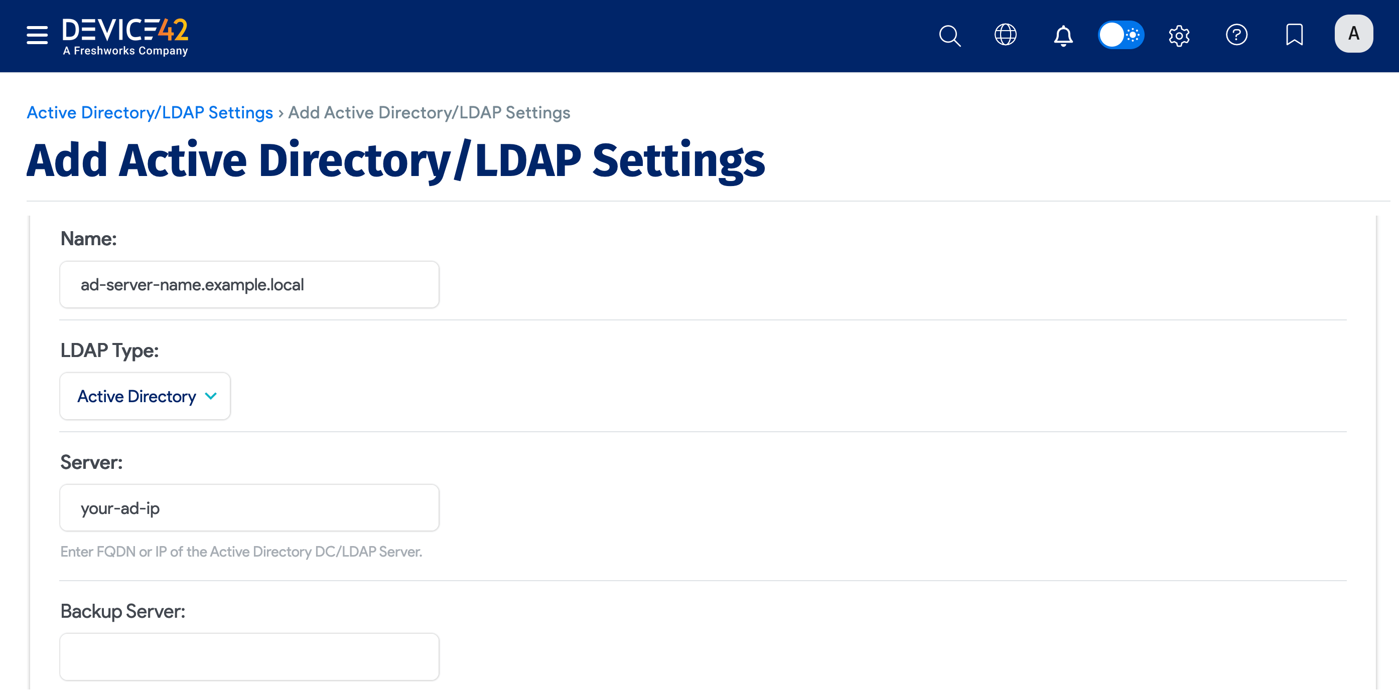 Active Directory Settings example values