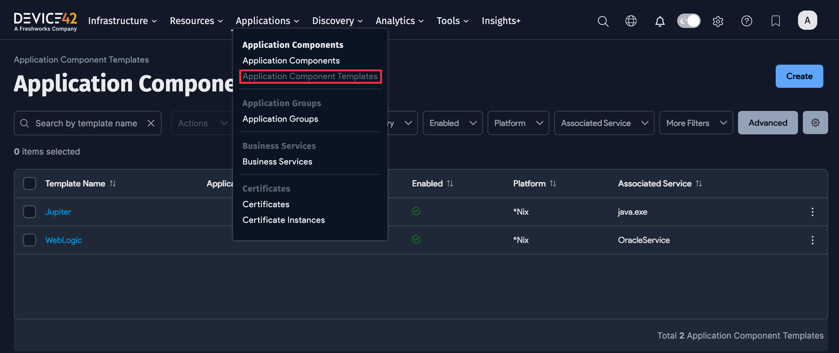 App Comp Templates menu