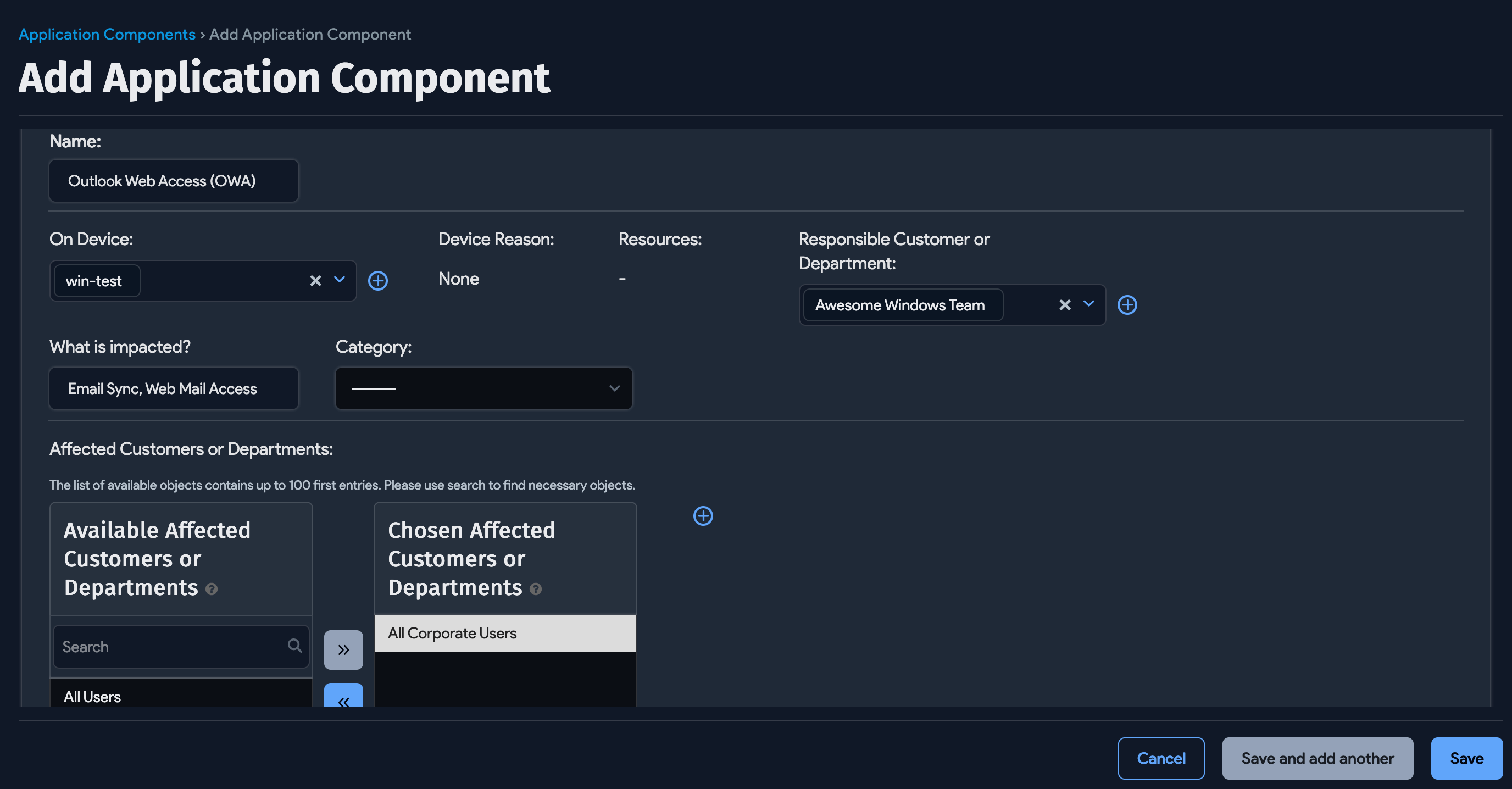 Adding an OWA component top screen