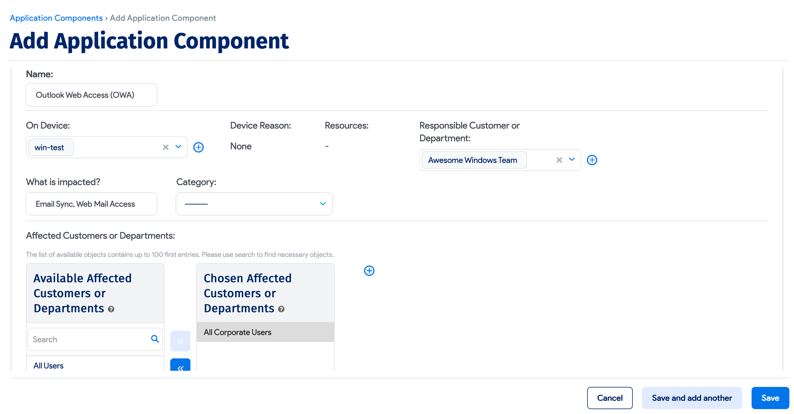 Adding an OWA component top screen