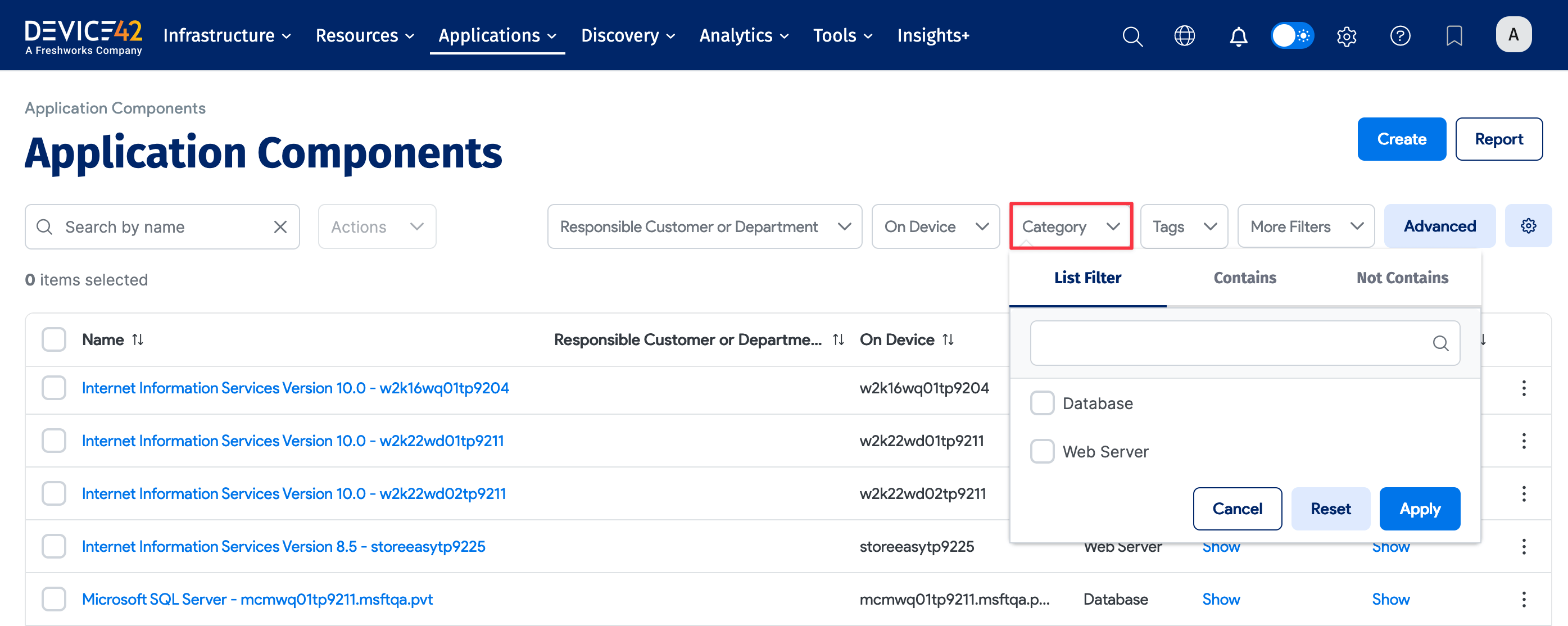Application components list view