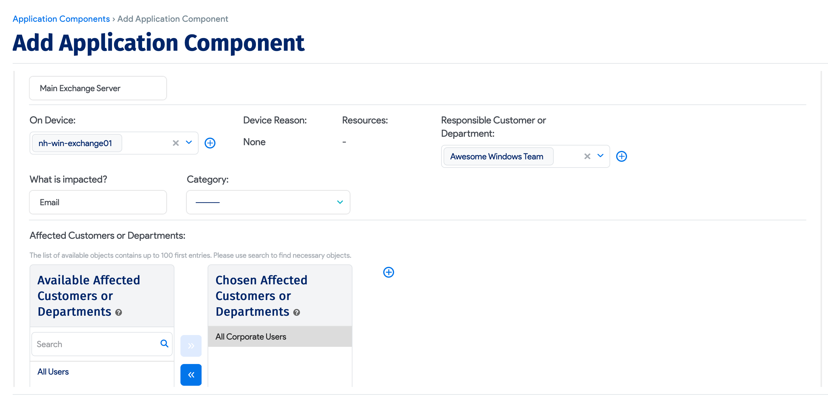 Defining an Exchange Server component top screen
