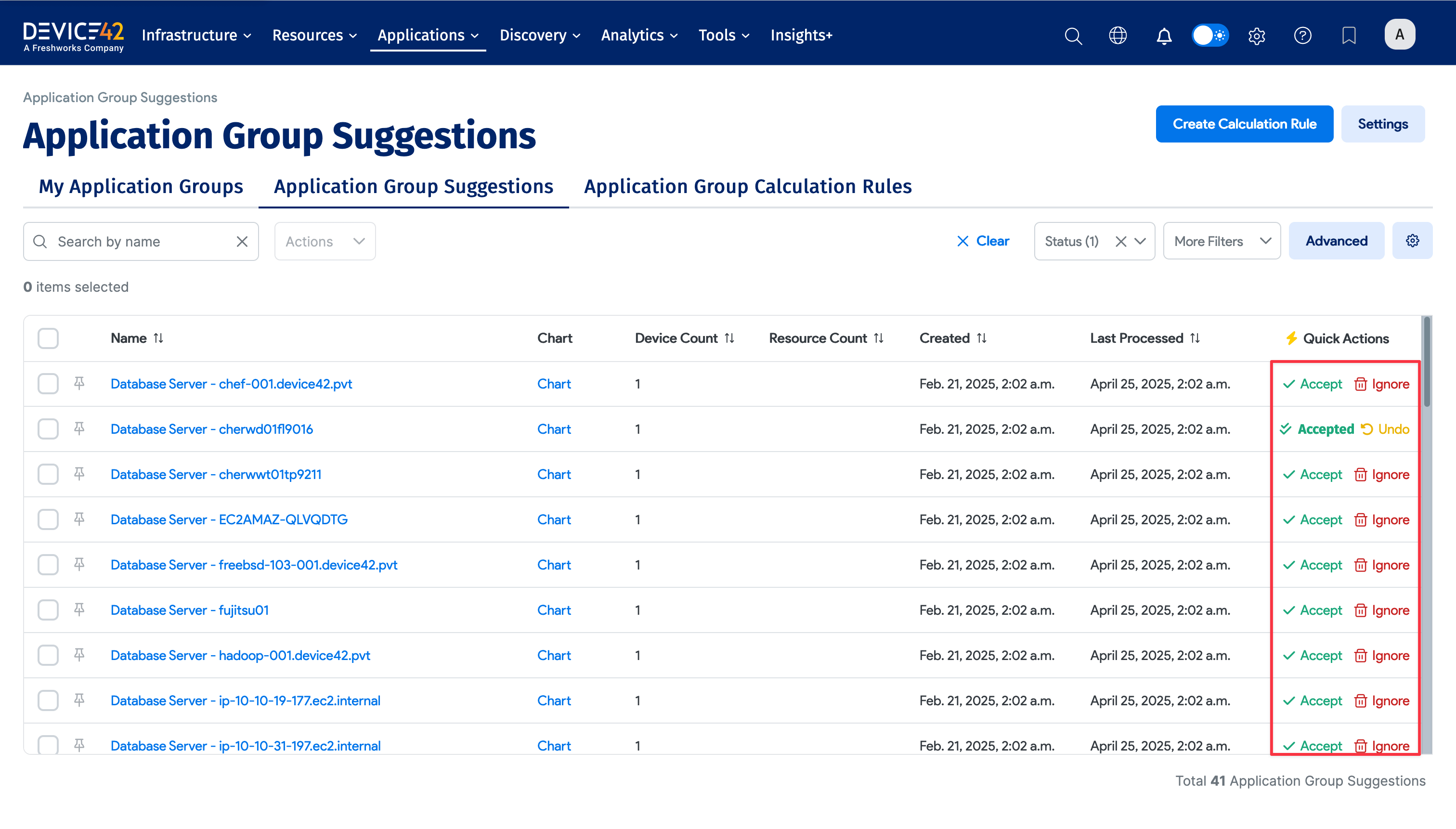 Accept, Ignore, and Undo buttons on the Application Group view page
