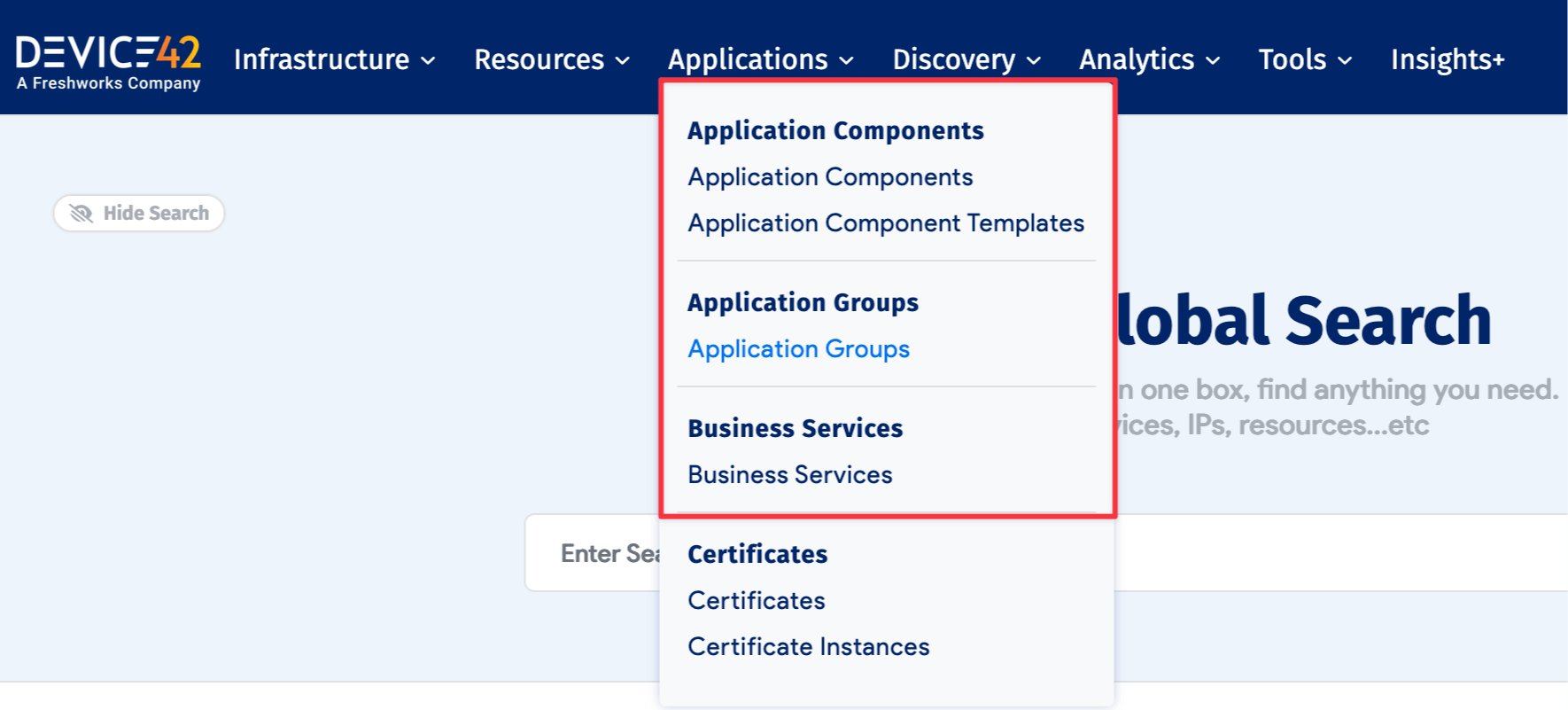 Applications menu of the Main Appliance