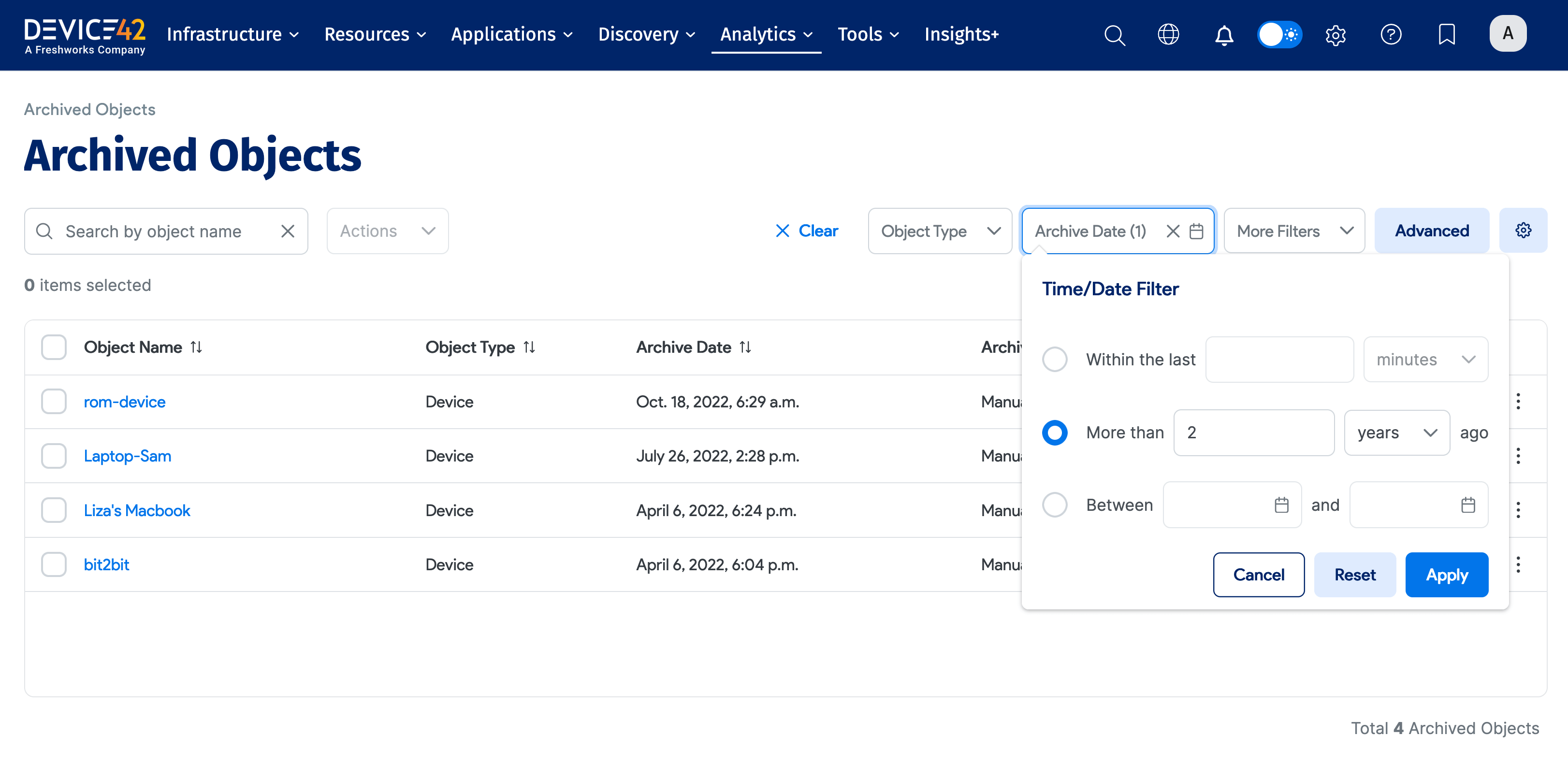 Archive filter options