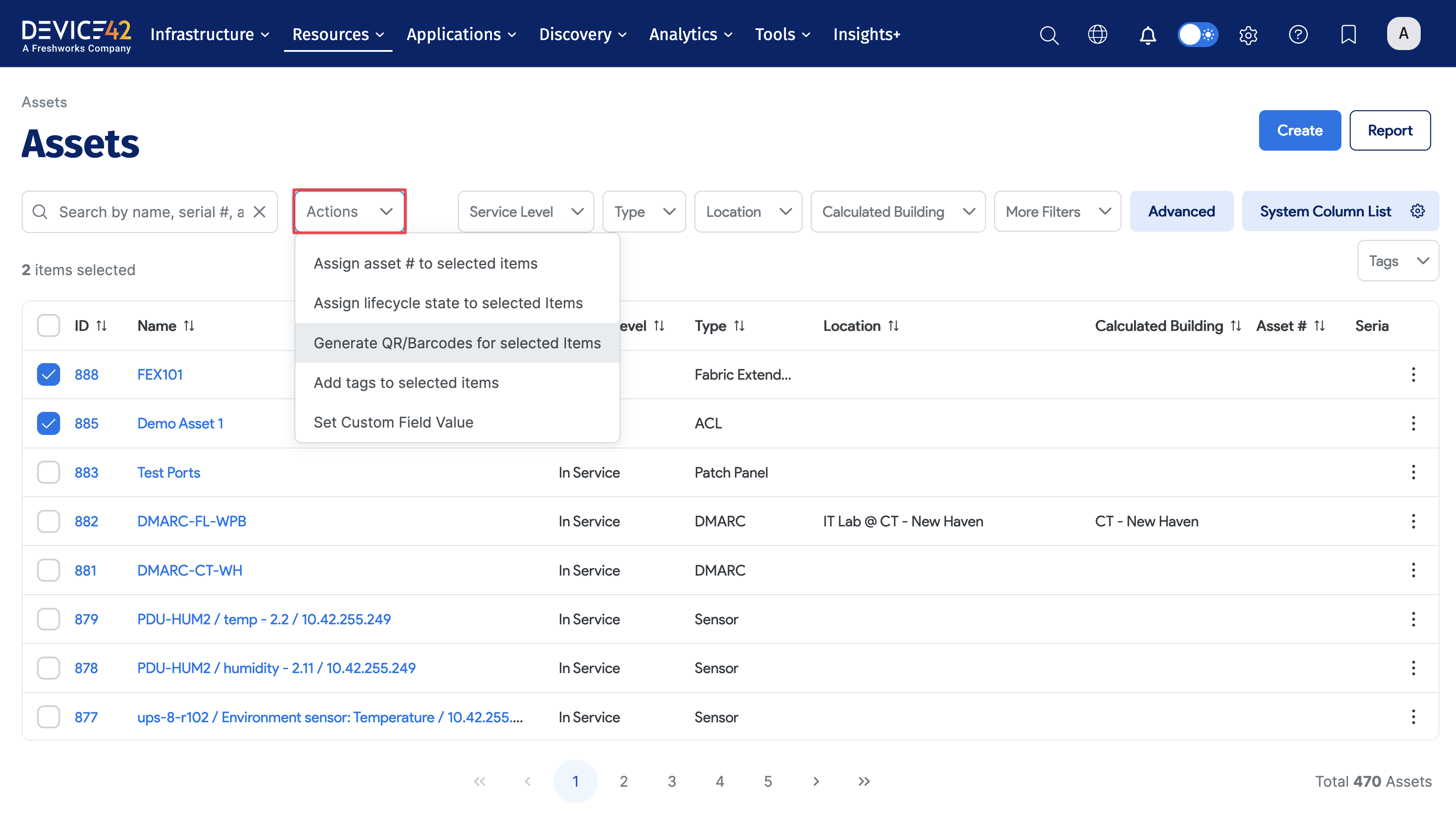 Asset Actions menu options