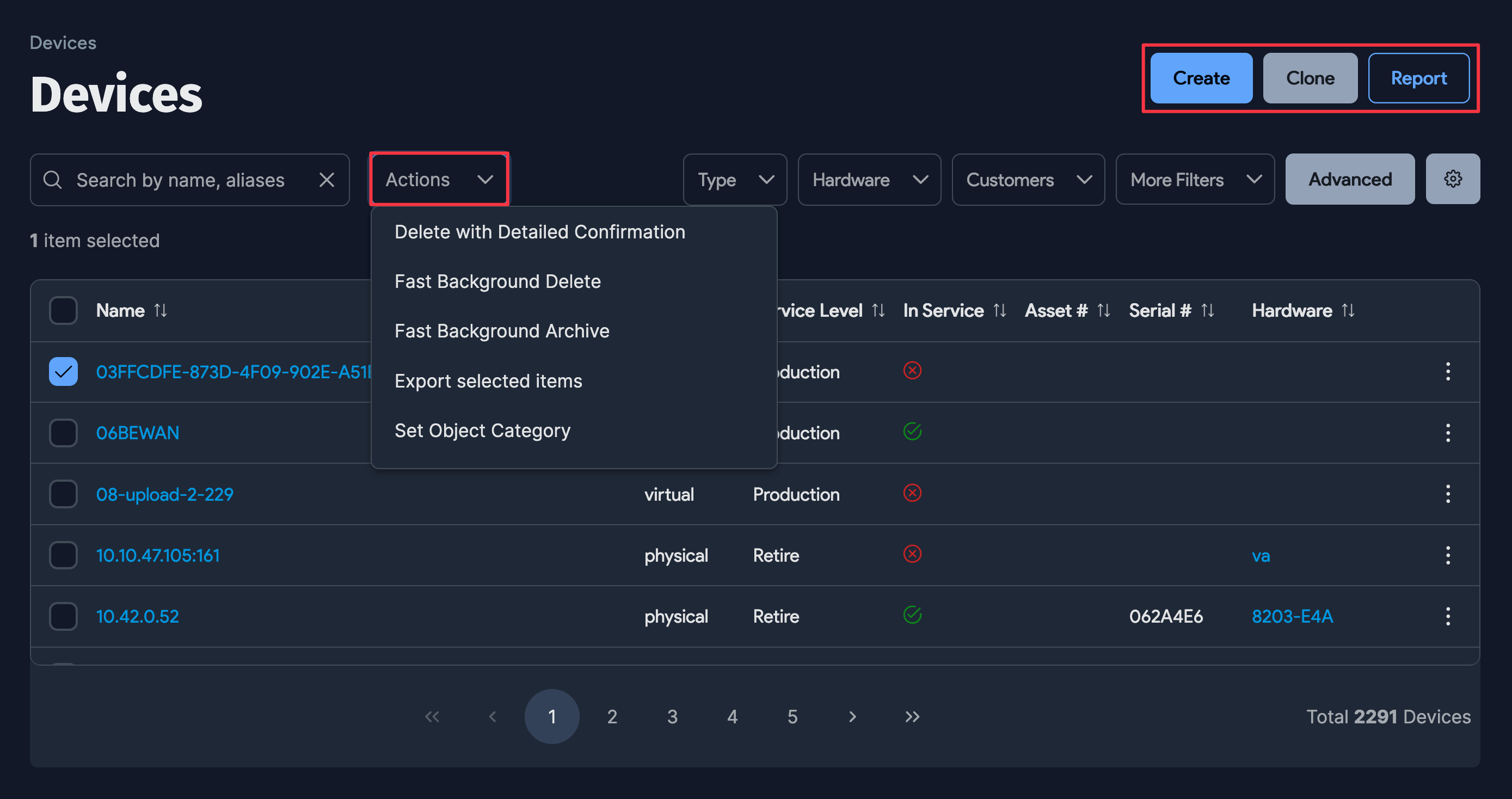 Action menu and page buttons