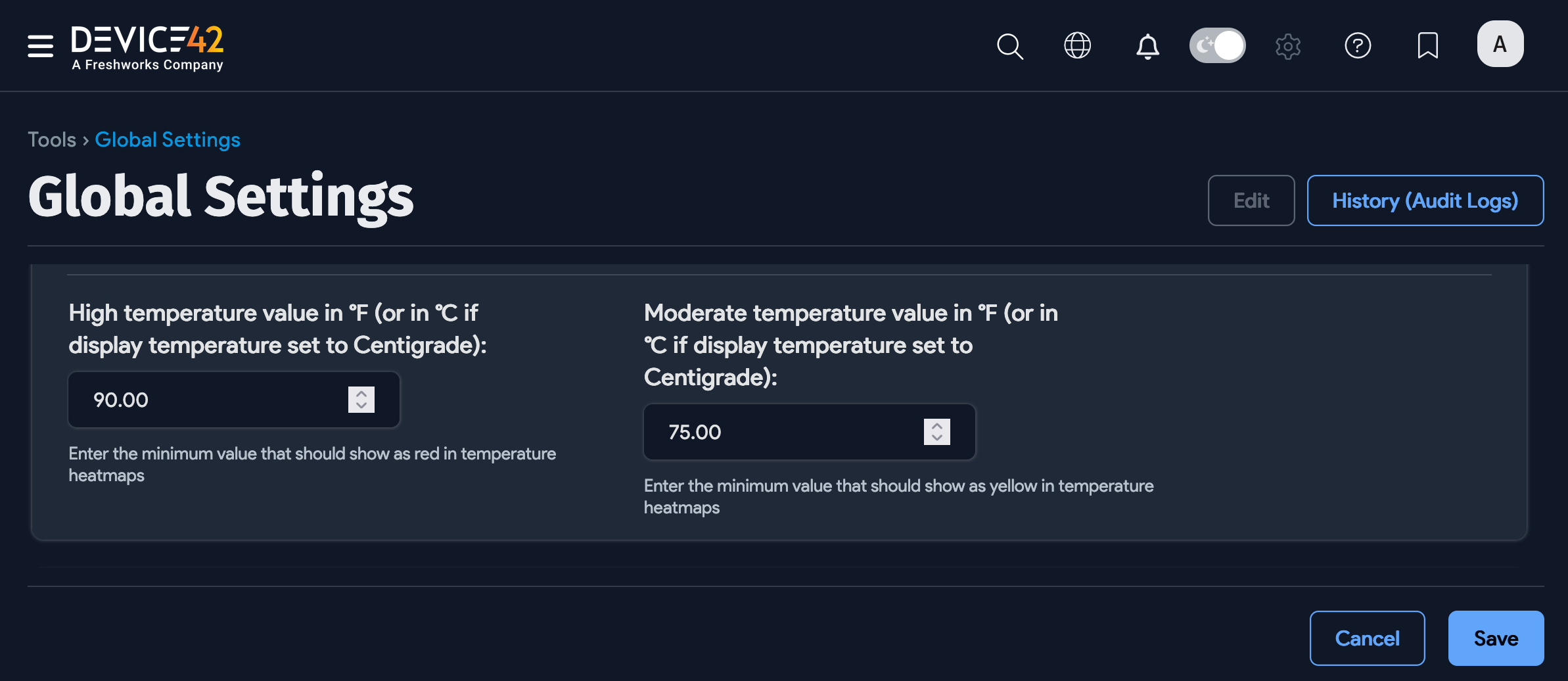 Global settings for temperature