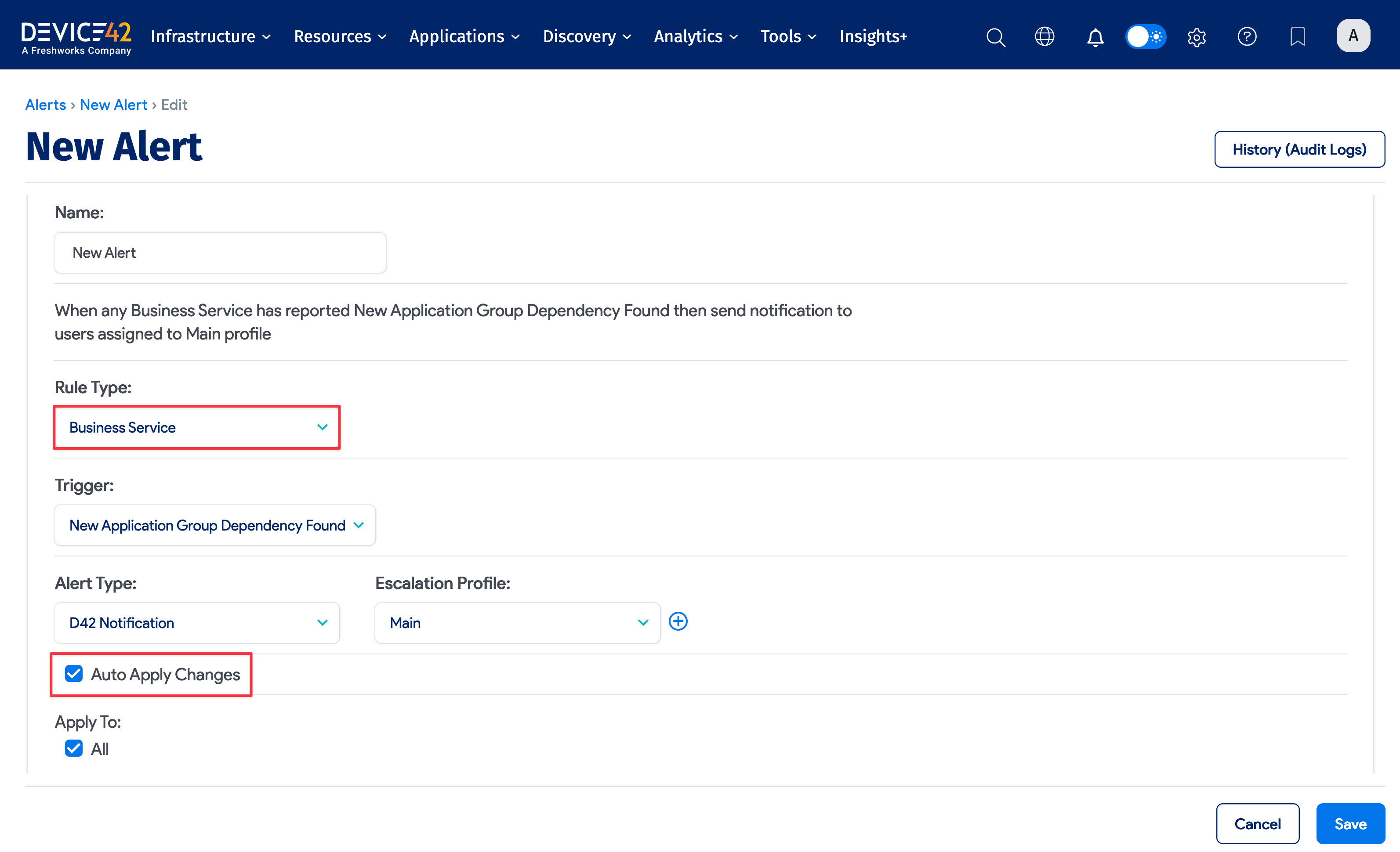 Business Service alert configuration