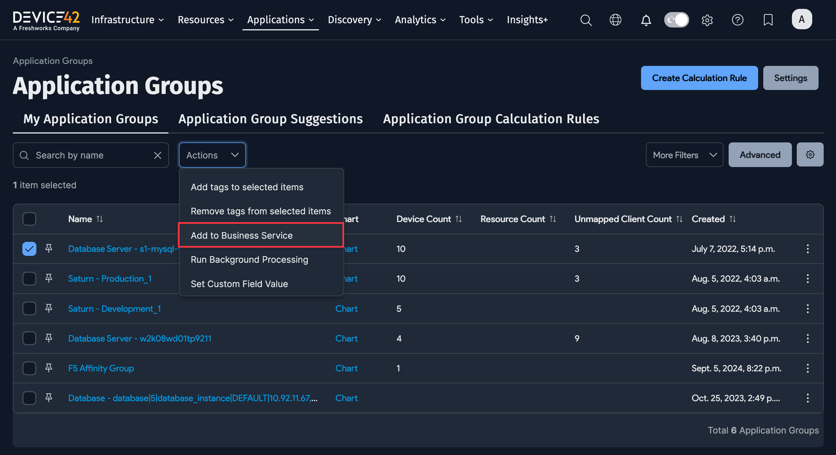 Add Application Group to Business Service action