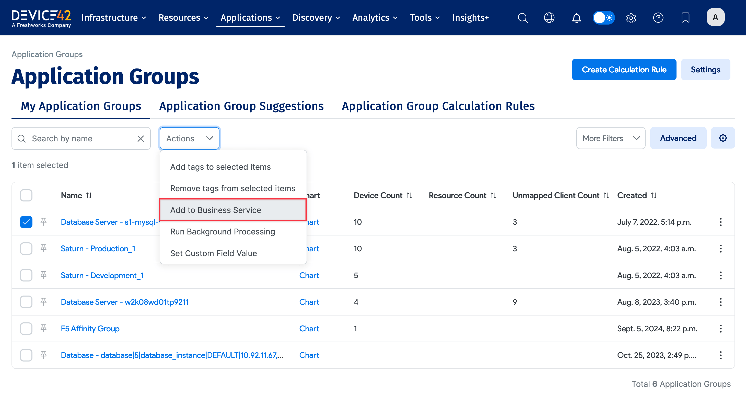 Add Application Group to Business Service action