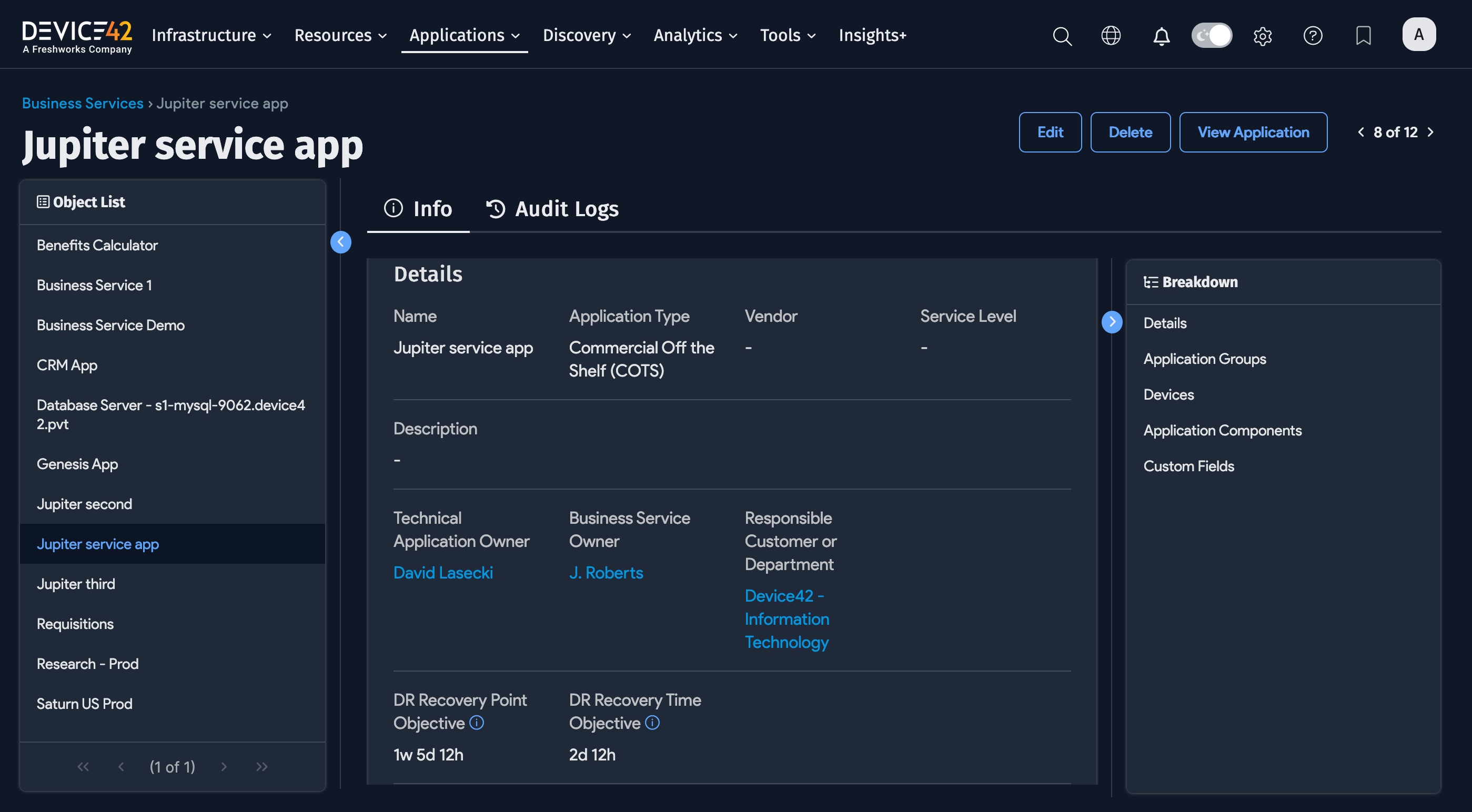 Business Services panel view