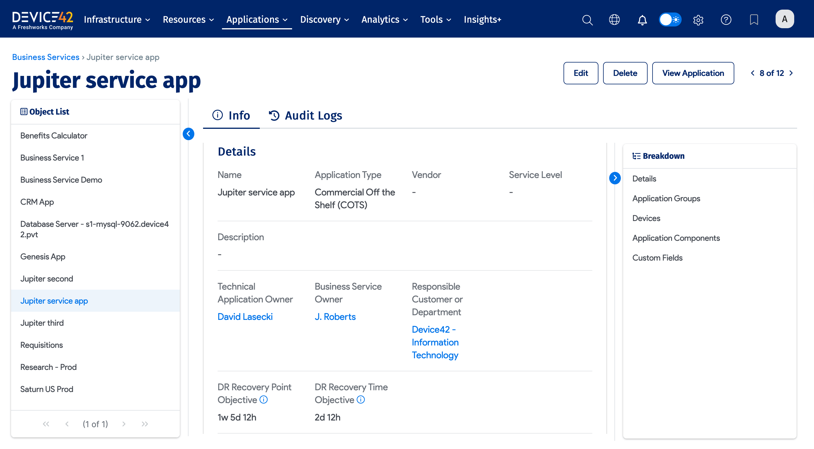 Business Services panel view