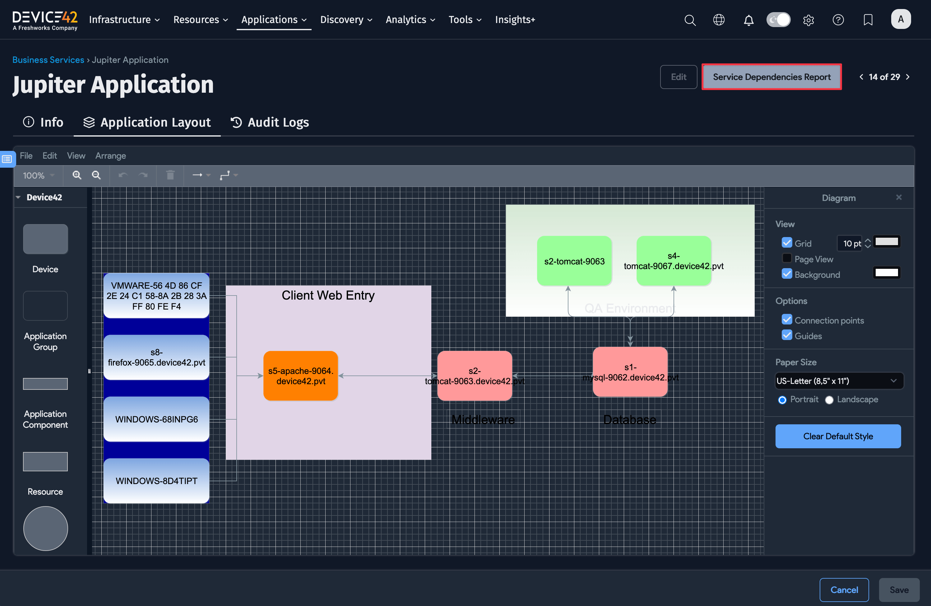 Business Service canvas with report button