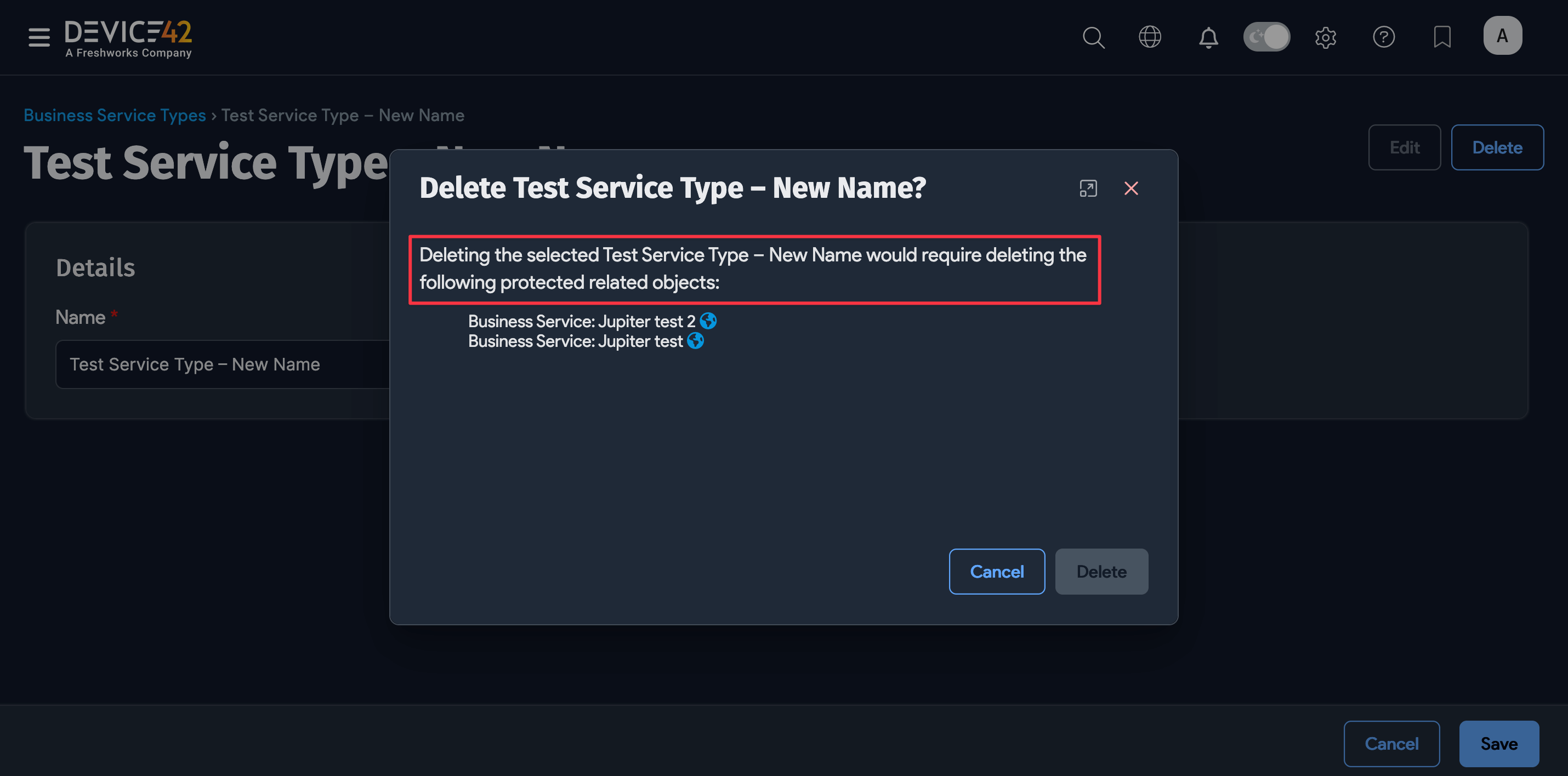 Delete Business Service Type