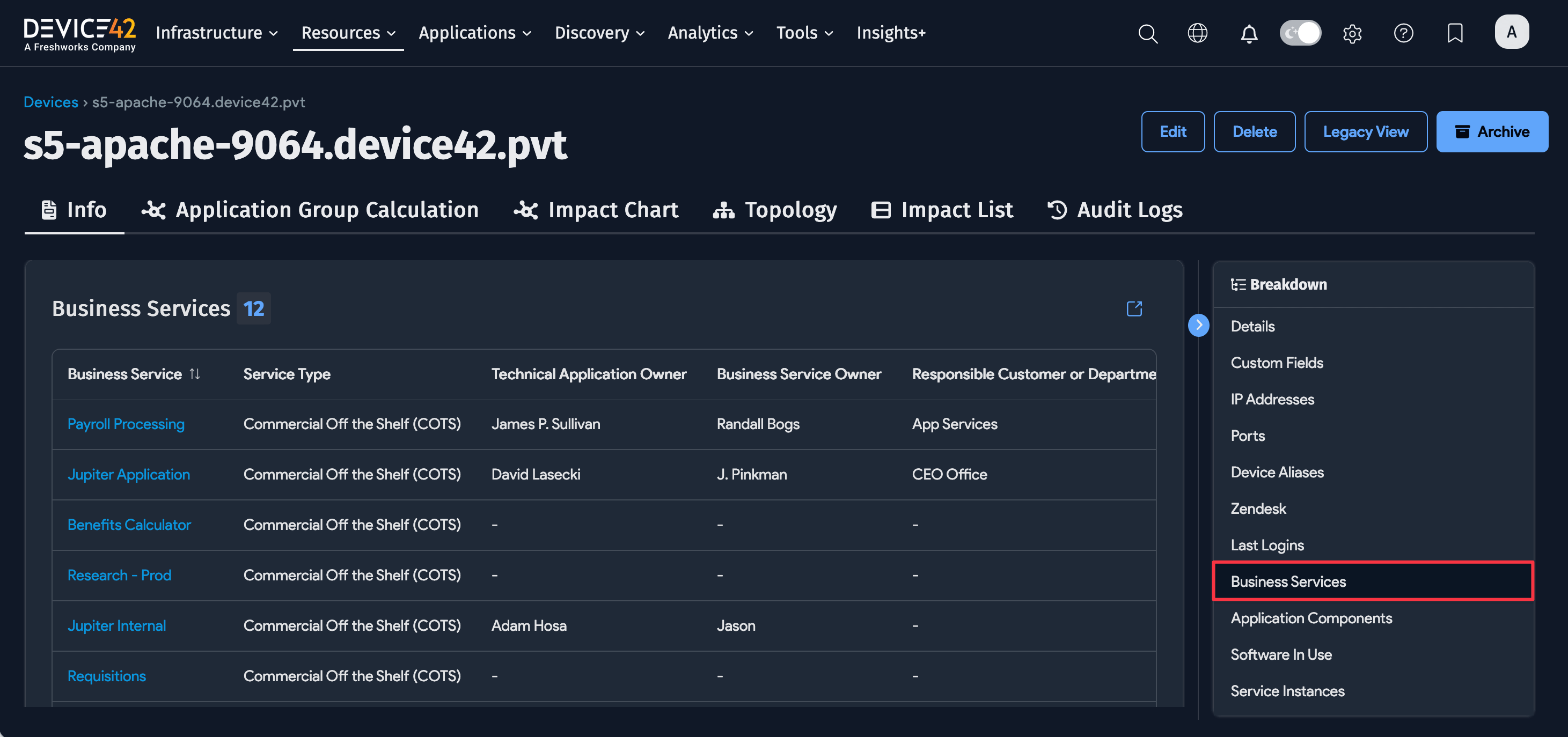 Device Info tab showing linked Business Services