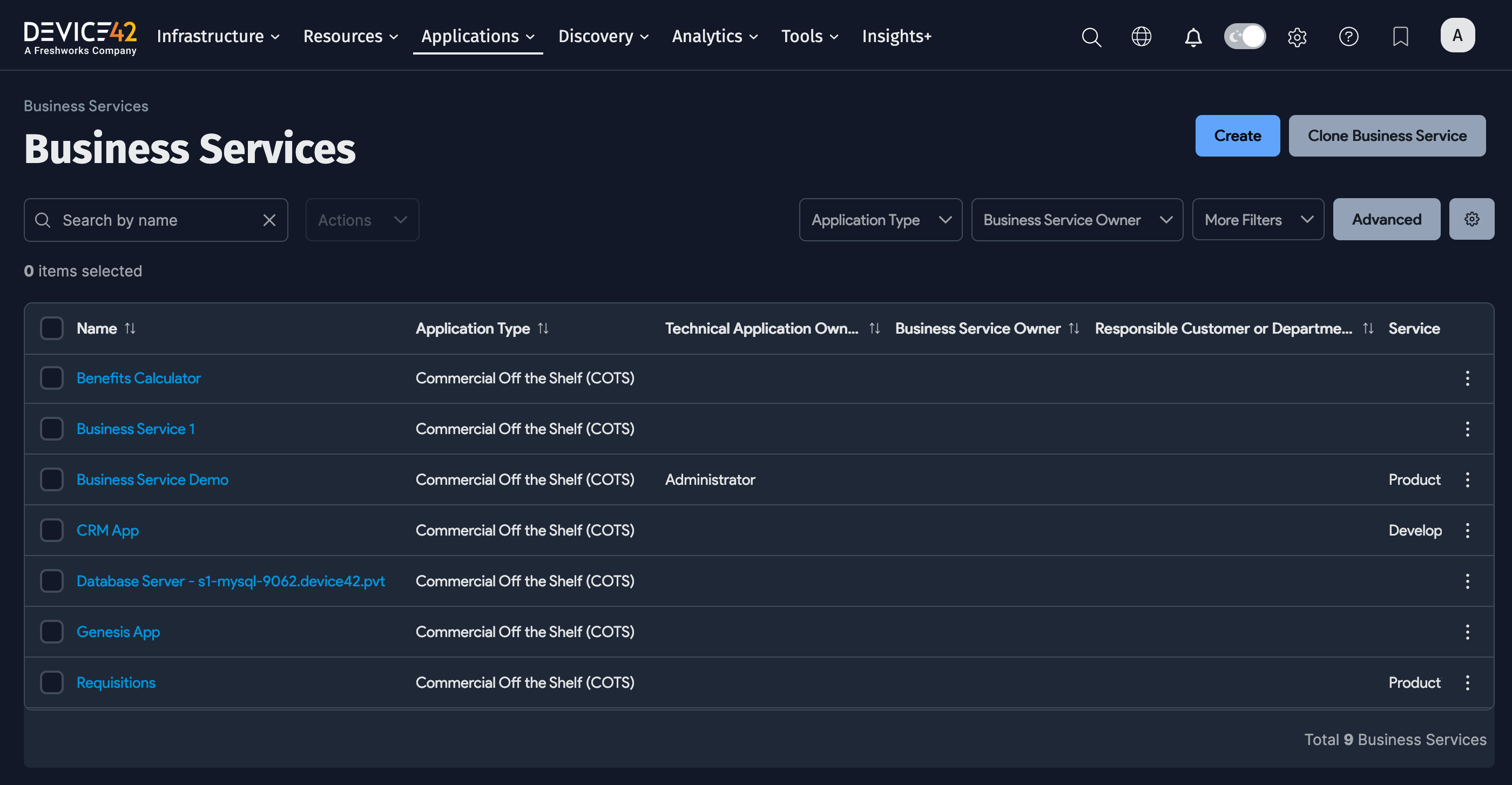 Business Services list page