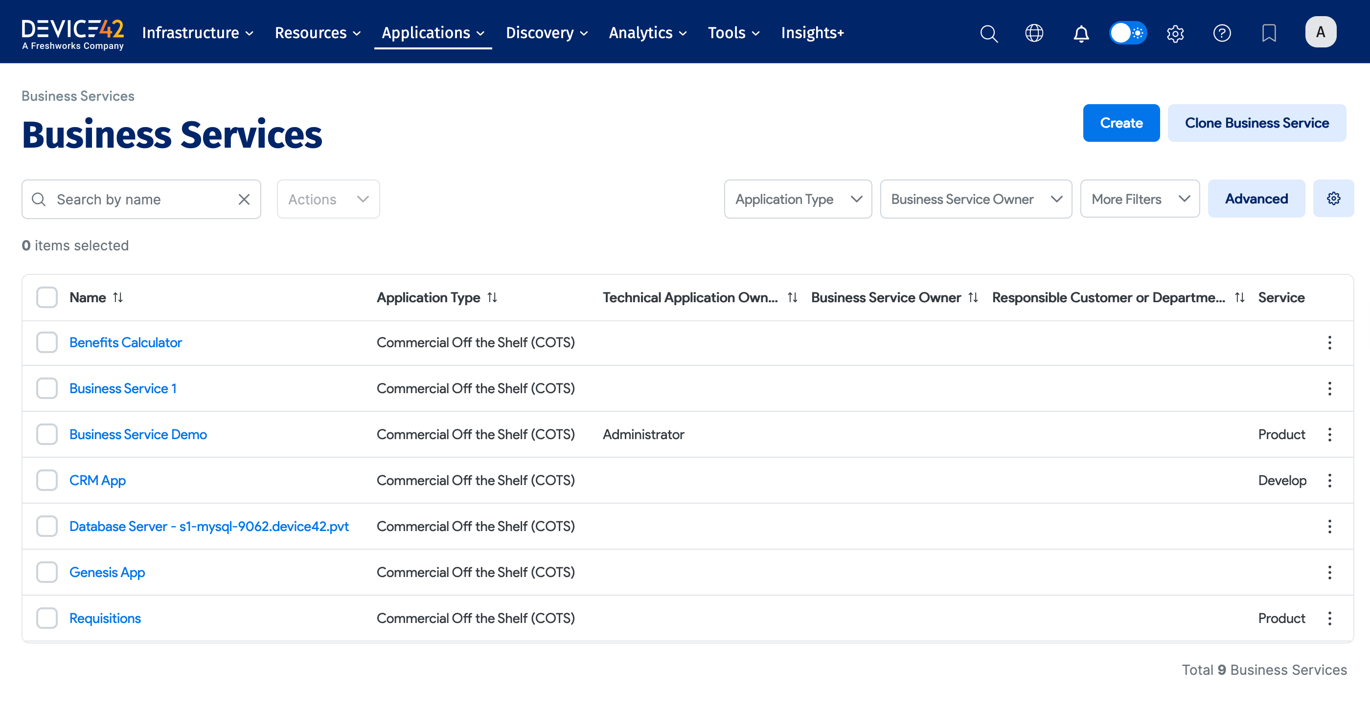 Business Services list page