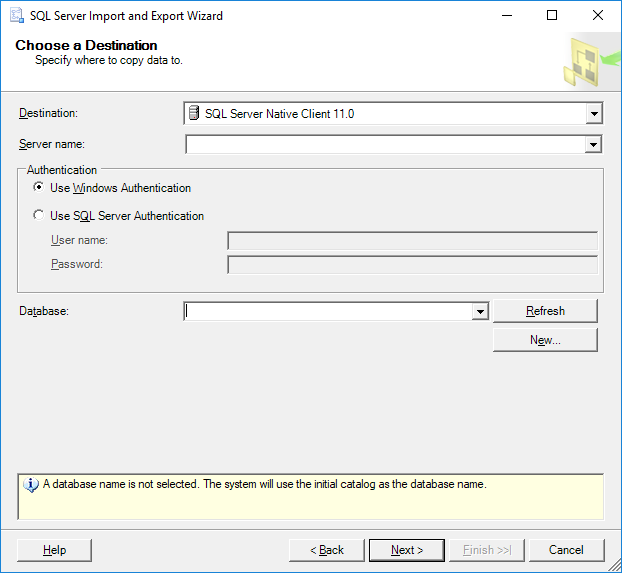 Choose destination SQL native client