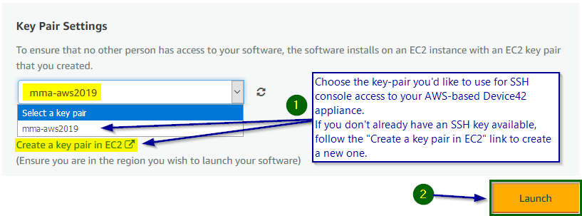 Select SSH key pair to use for console access to Device42 on AWS