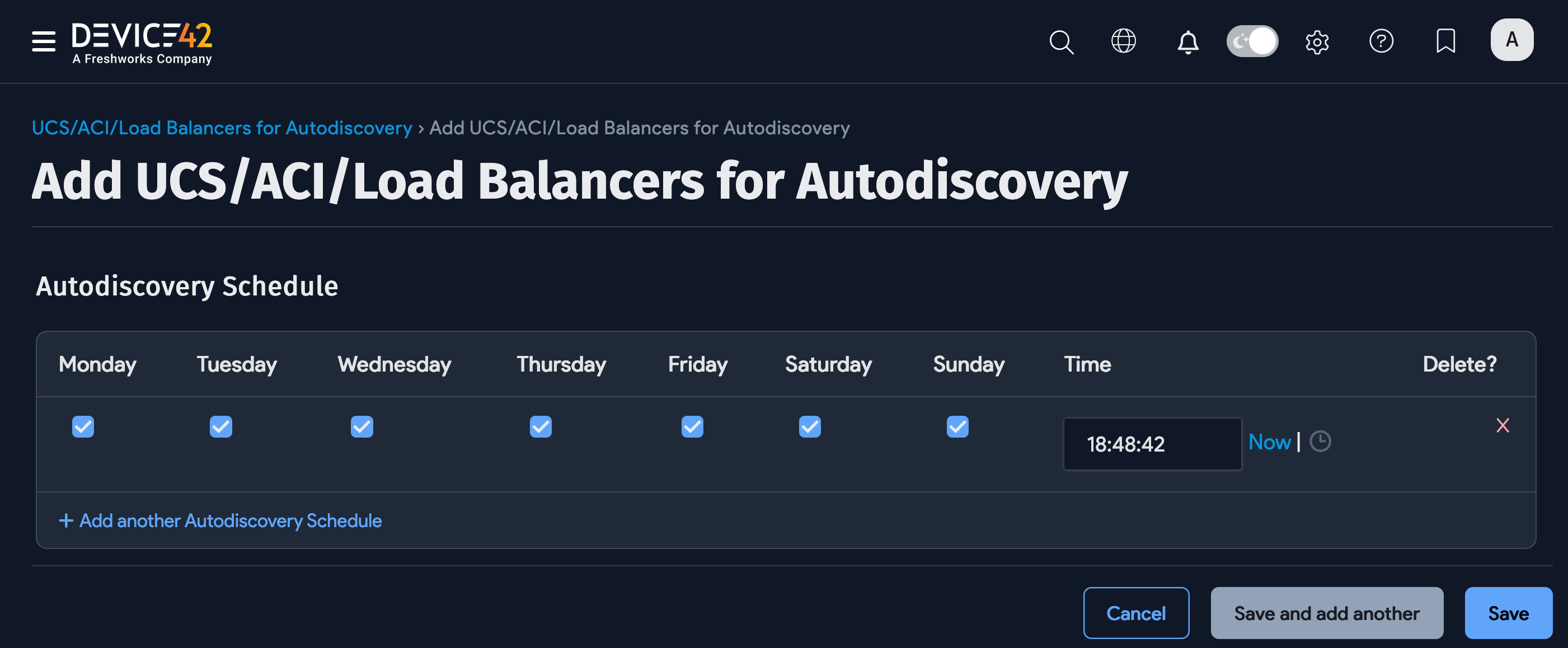 Add another Auto Discovery Schedule button