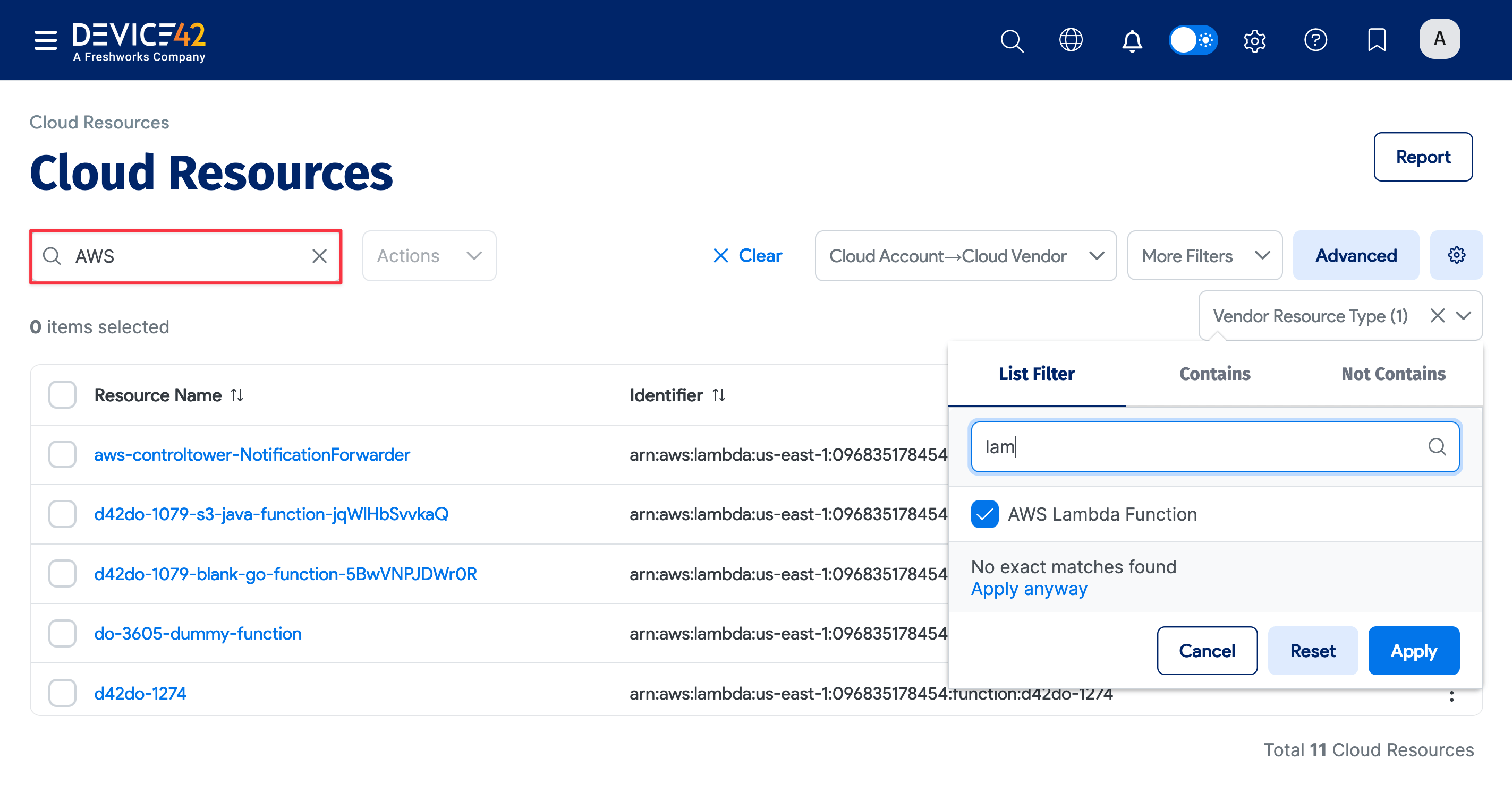 Cloud Resources list page