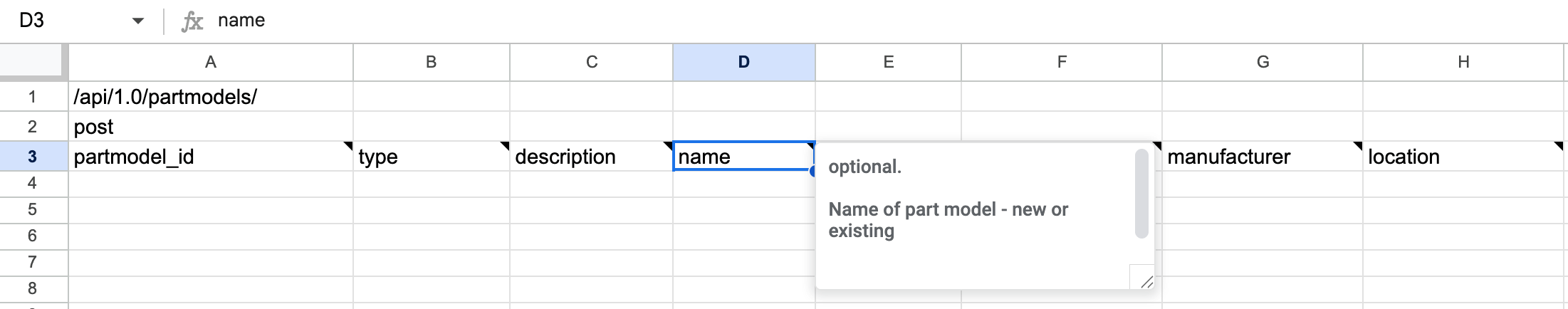 Spreadsheet column comments hover tooltip