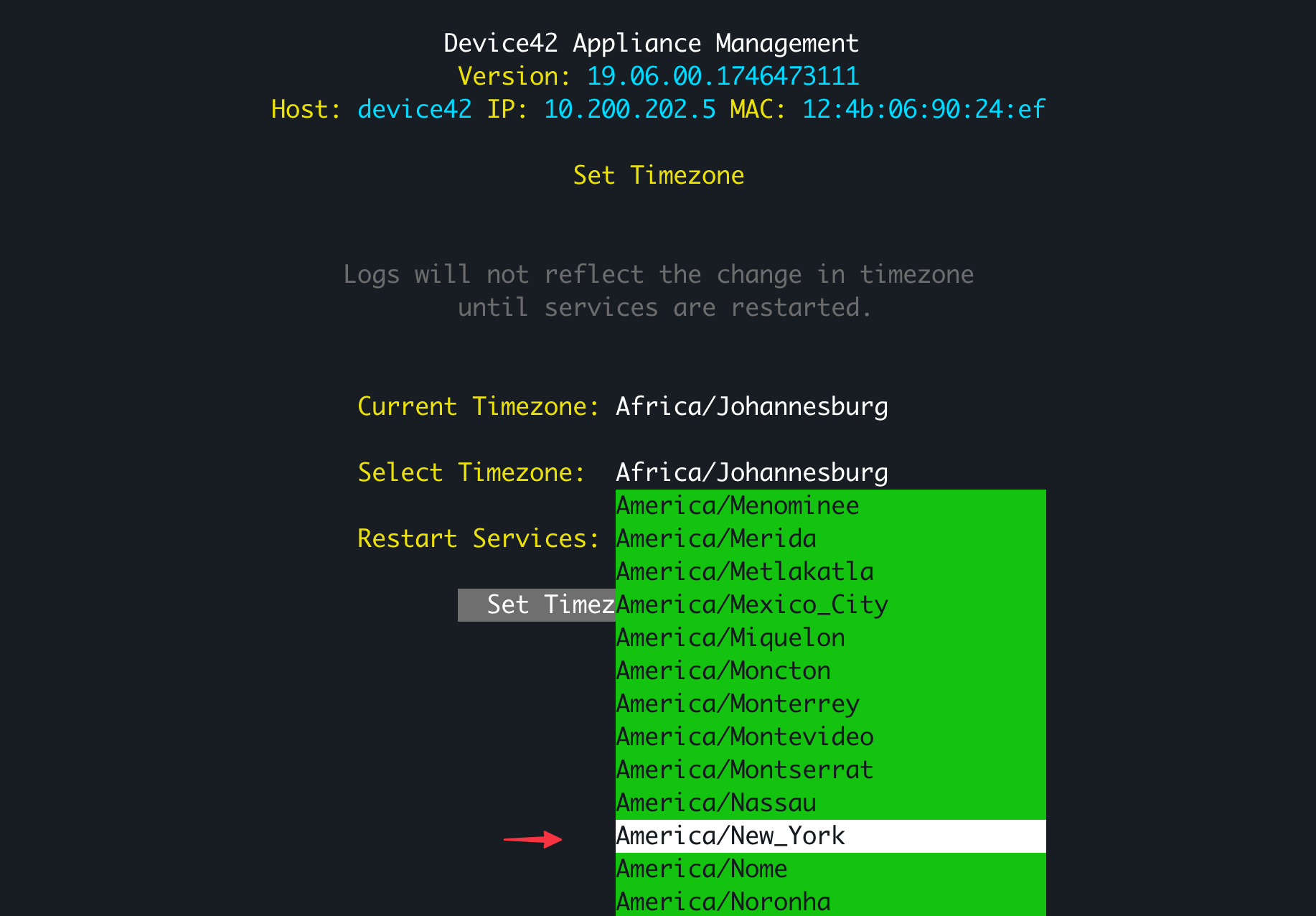 Update OS TZ from D42 console