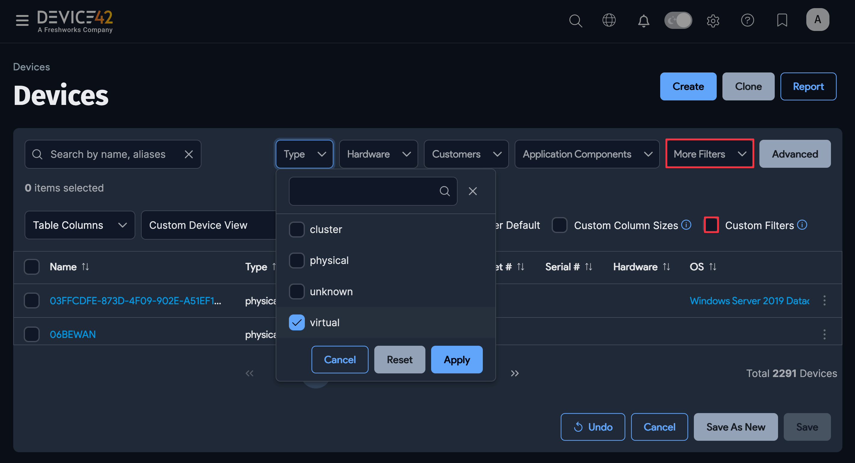 Type filter dropdown