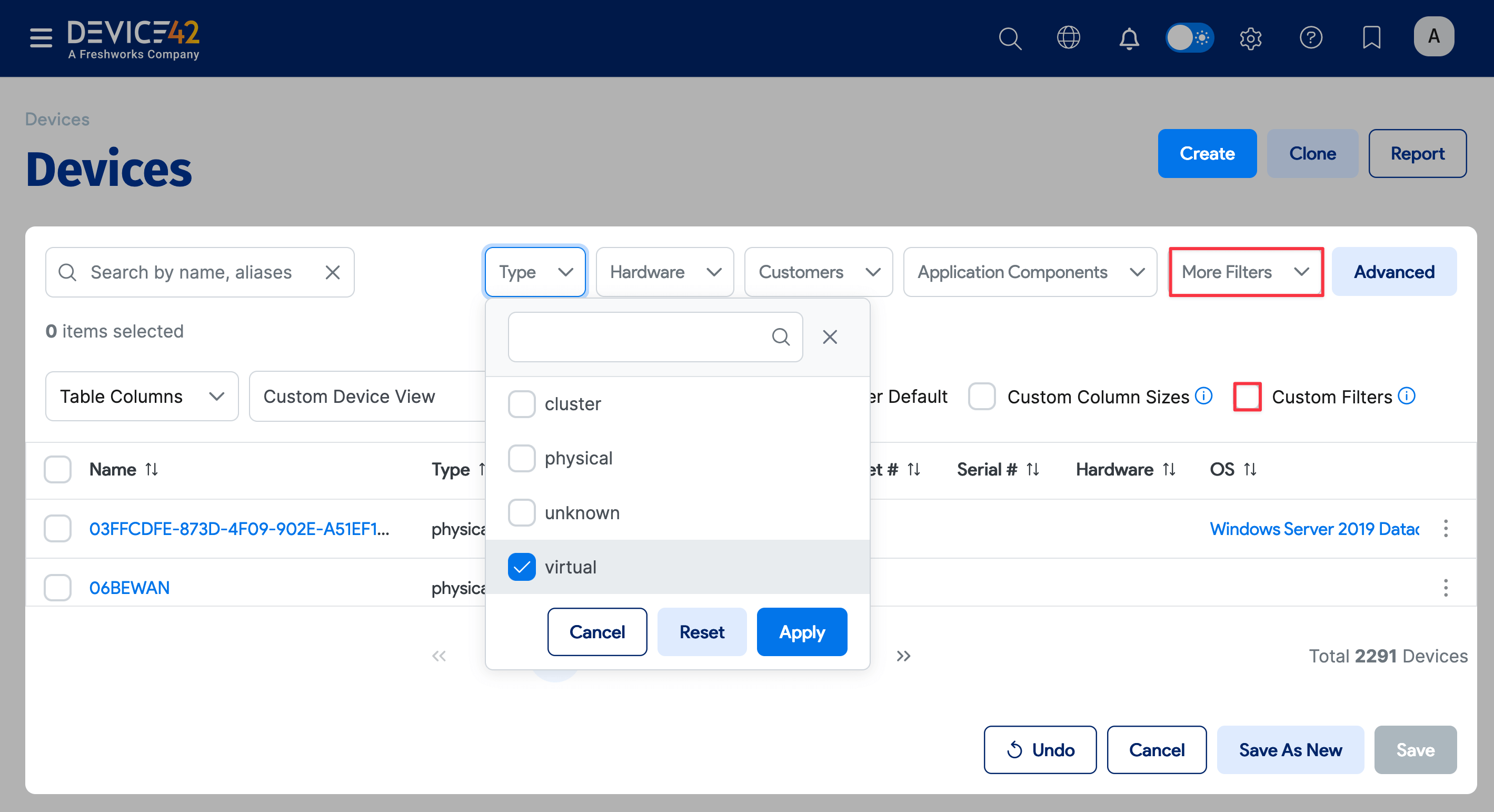 Type filter dropdown