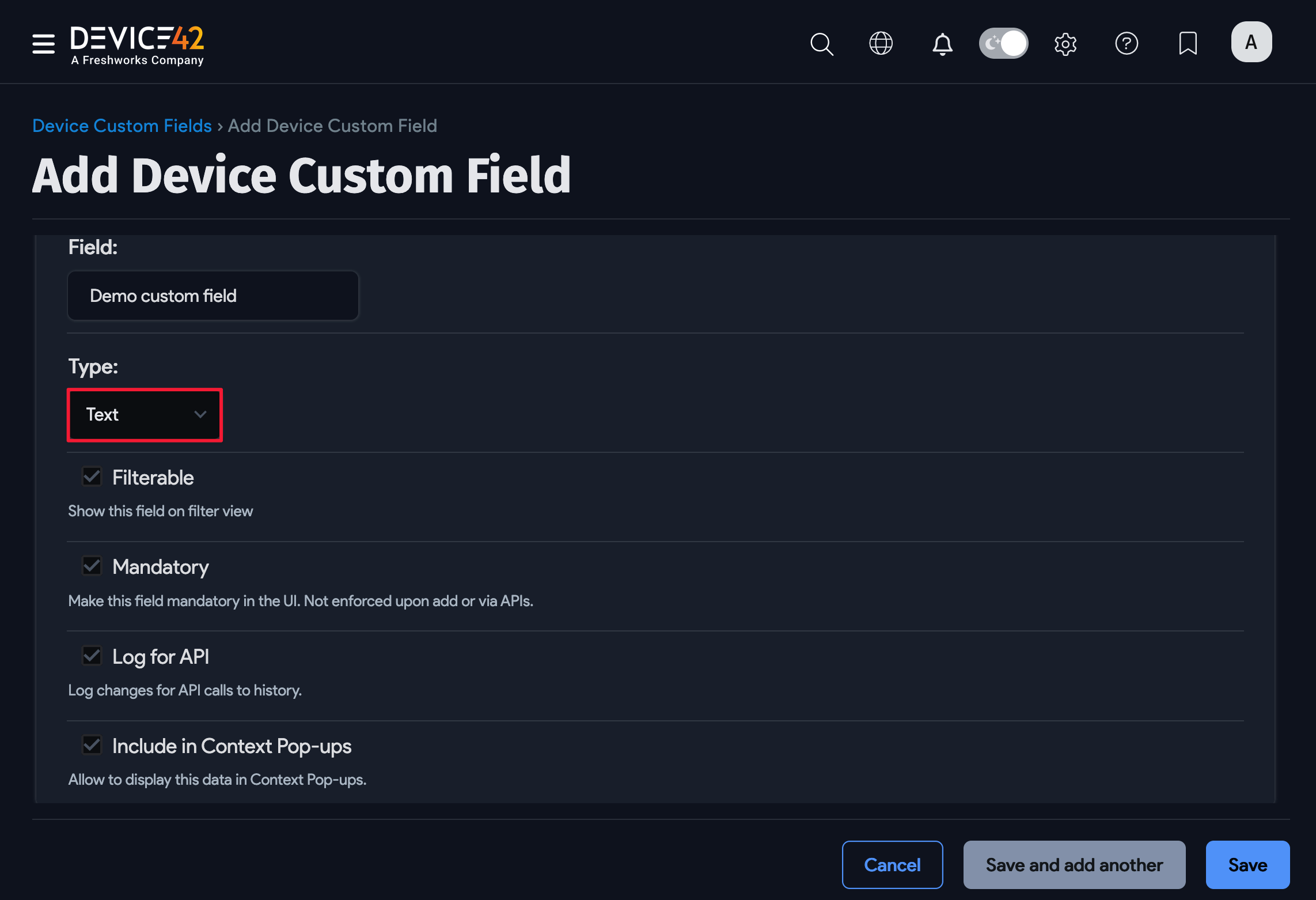 Create a new custom field