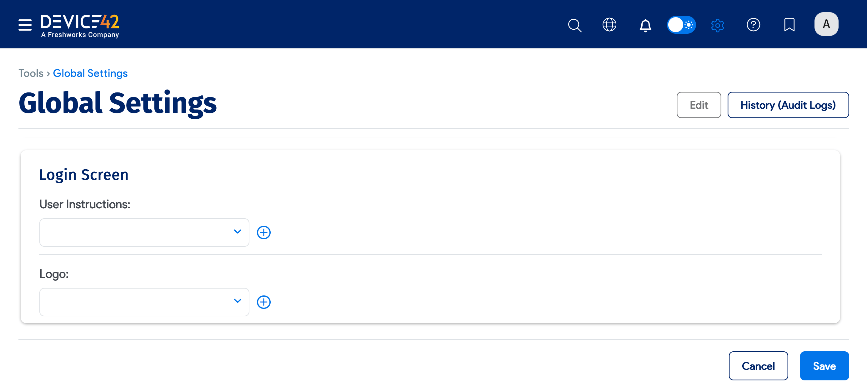 Global Settings – Login screen section