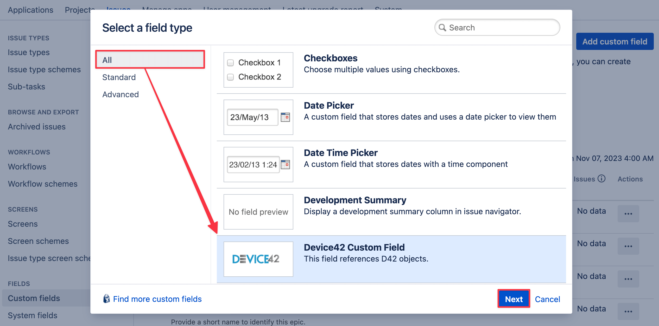 Add custom field button dialog box