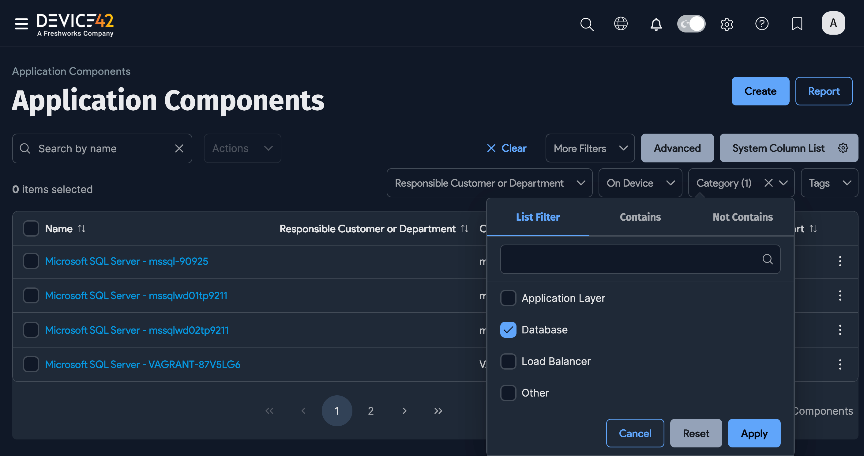Application Components list page