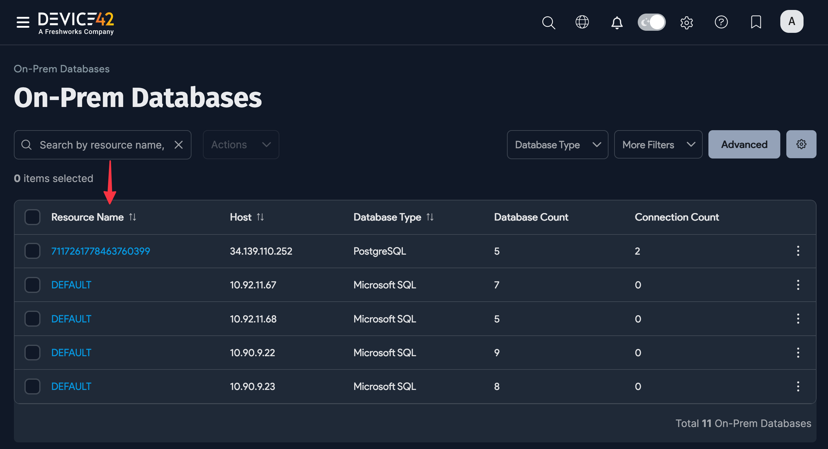 On-Prem Databases list page