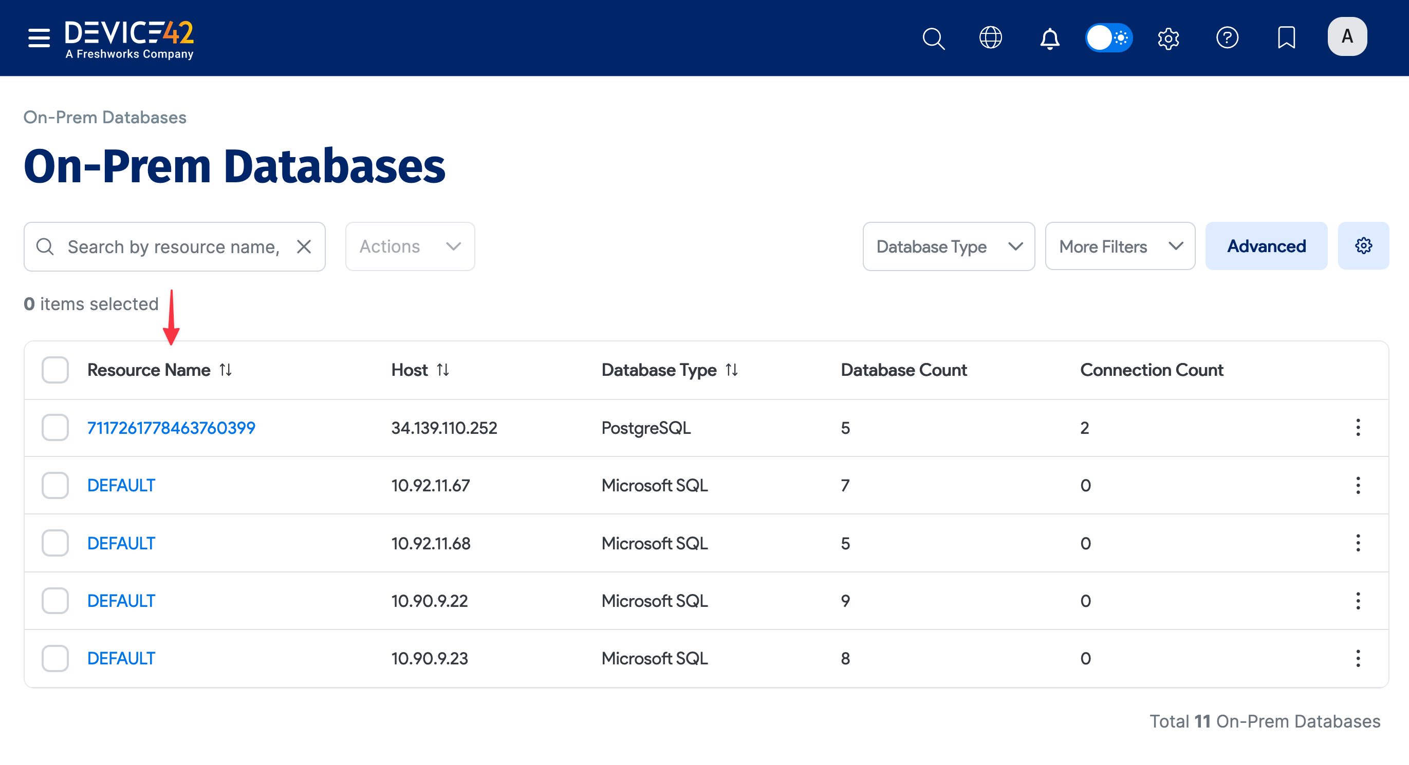 On-Prem Databases list page