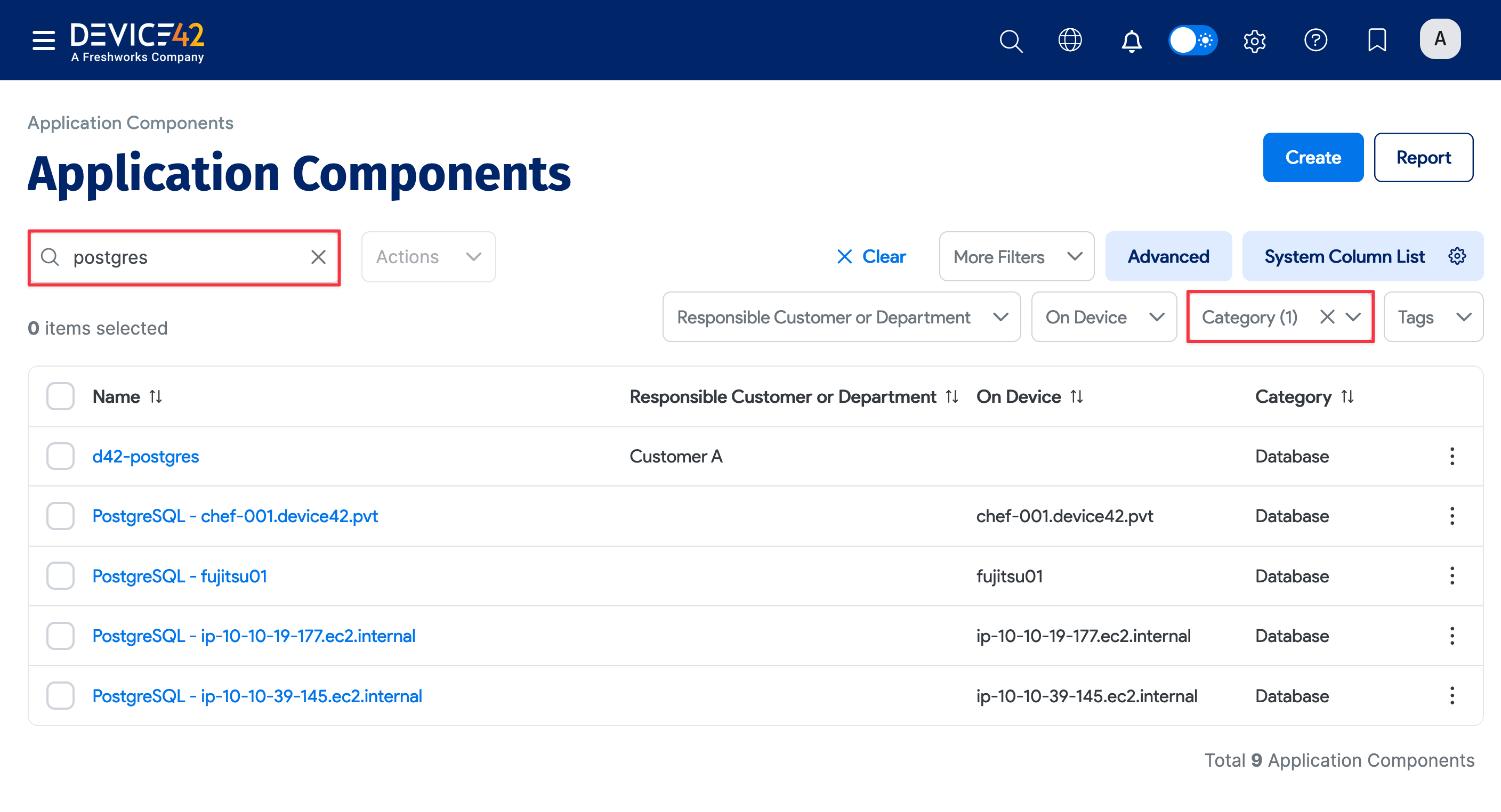 Postgres DB in Application Components