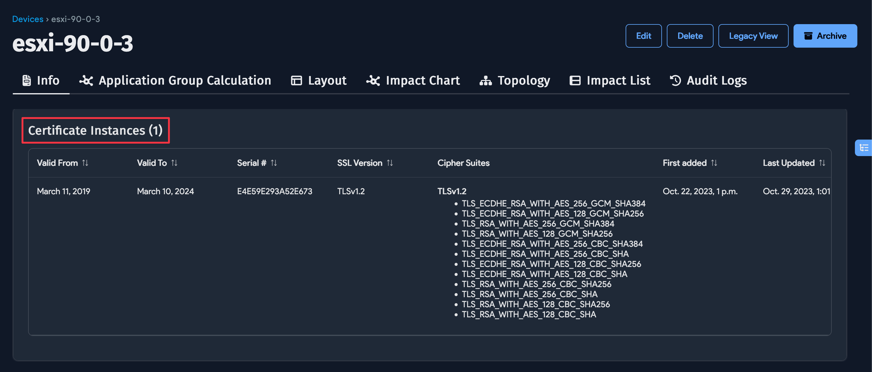 Certificate instances in the device details view