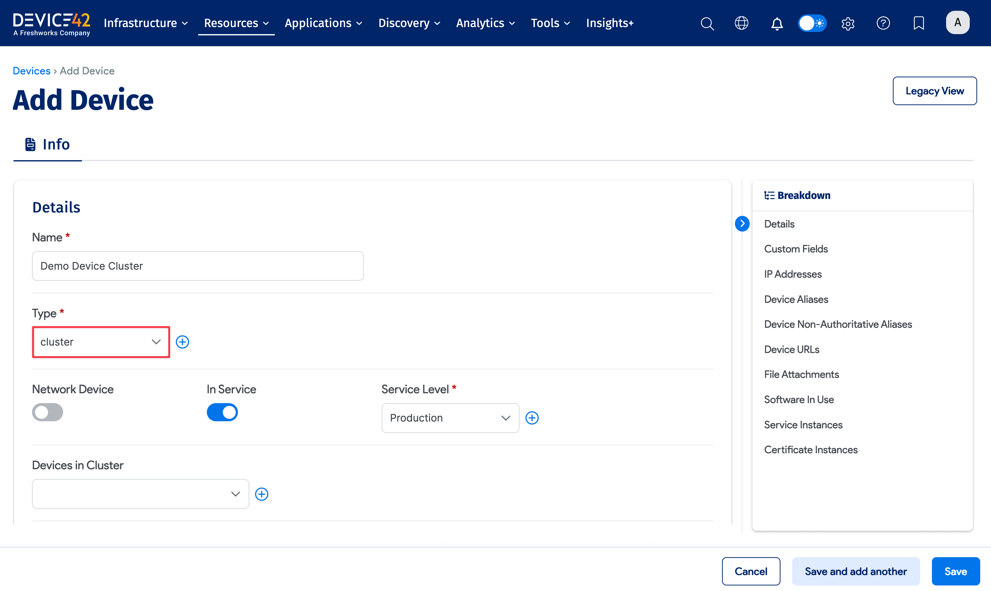 Adding a cluster-type device