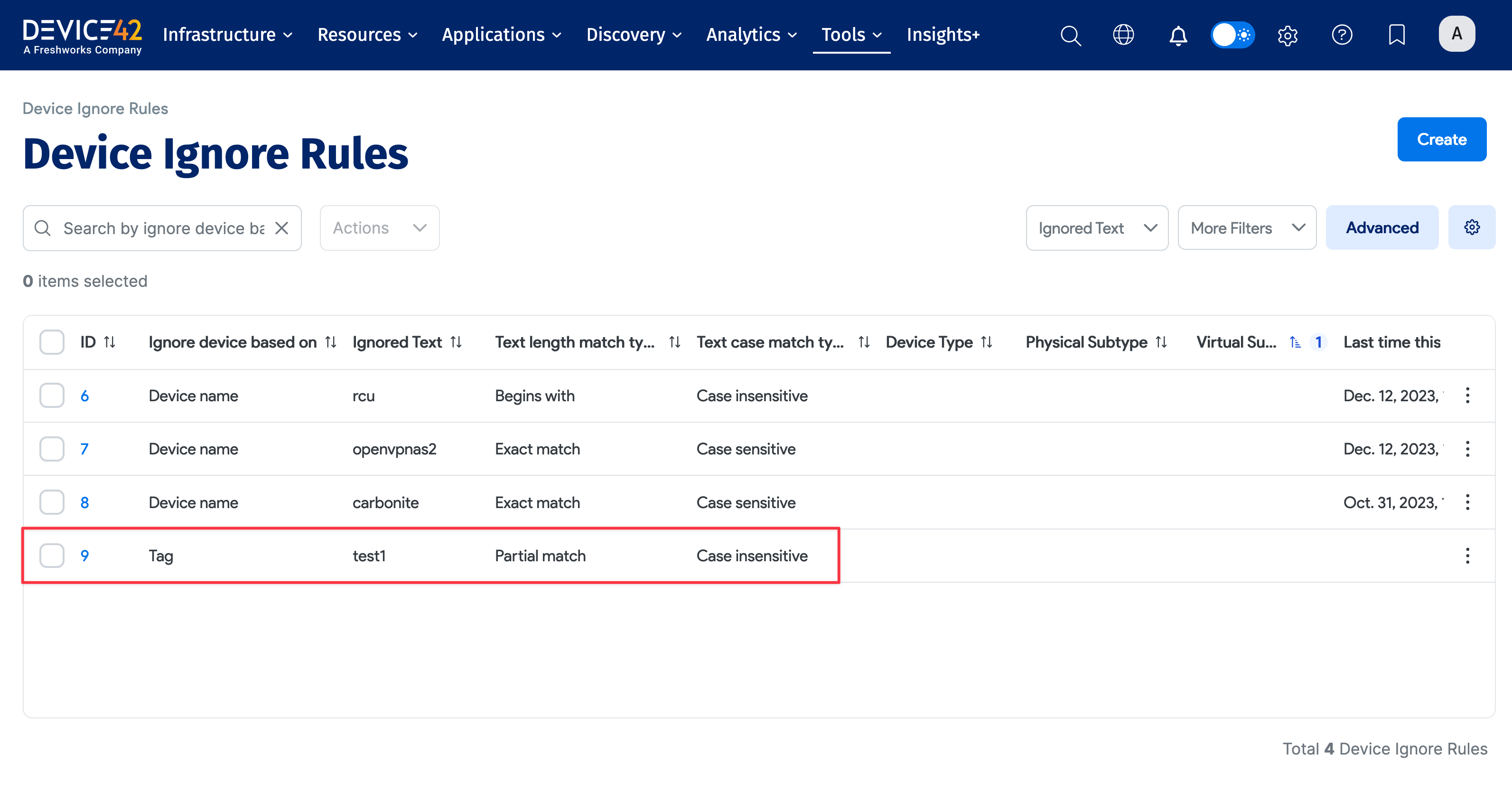 Ignore Rules list page