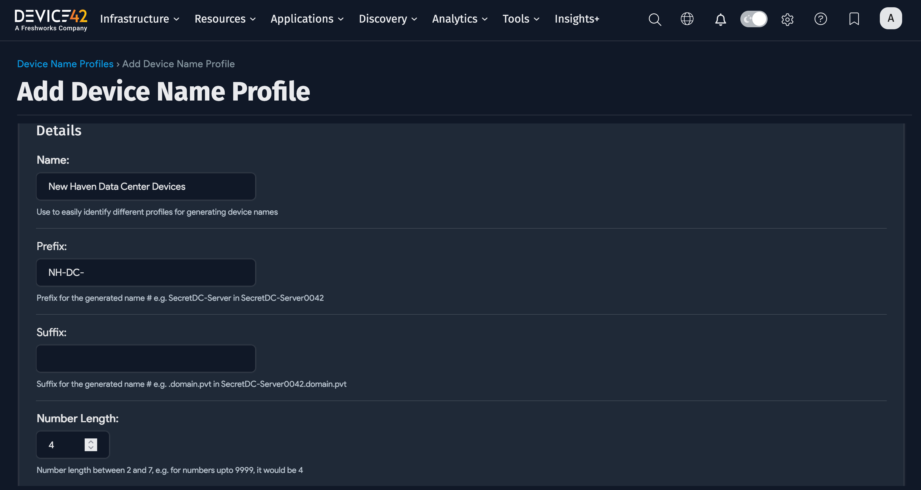 Device name profile form