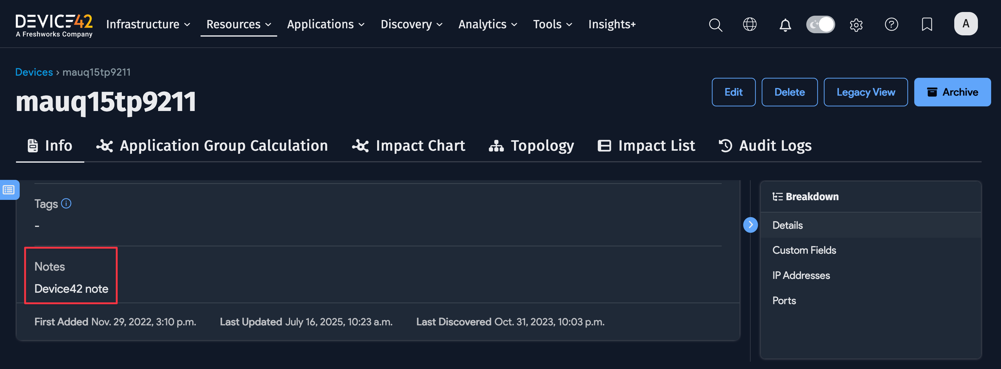Device42 Notes field