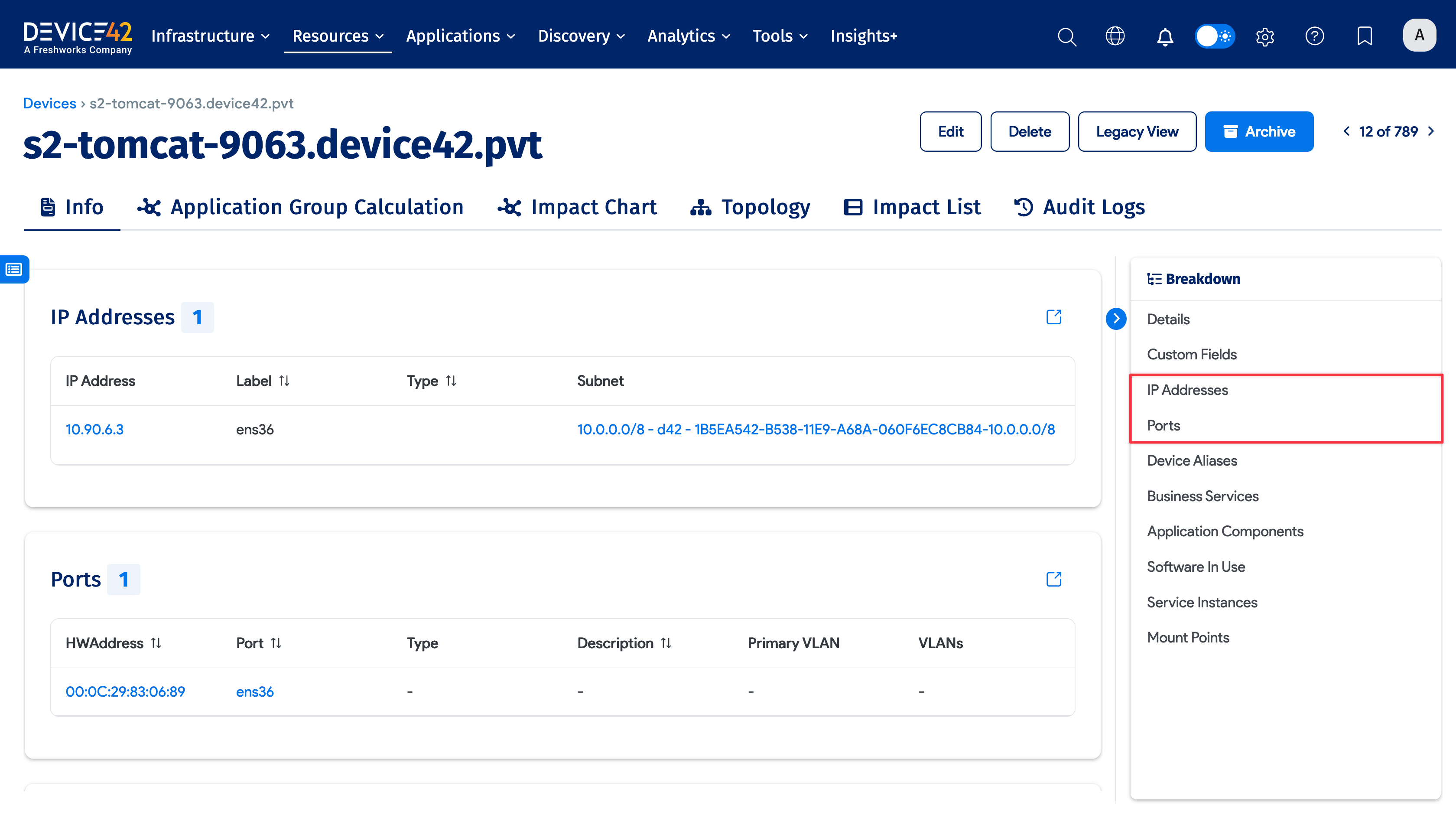 Virtual device IP and port details