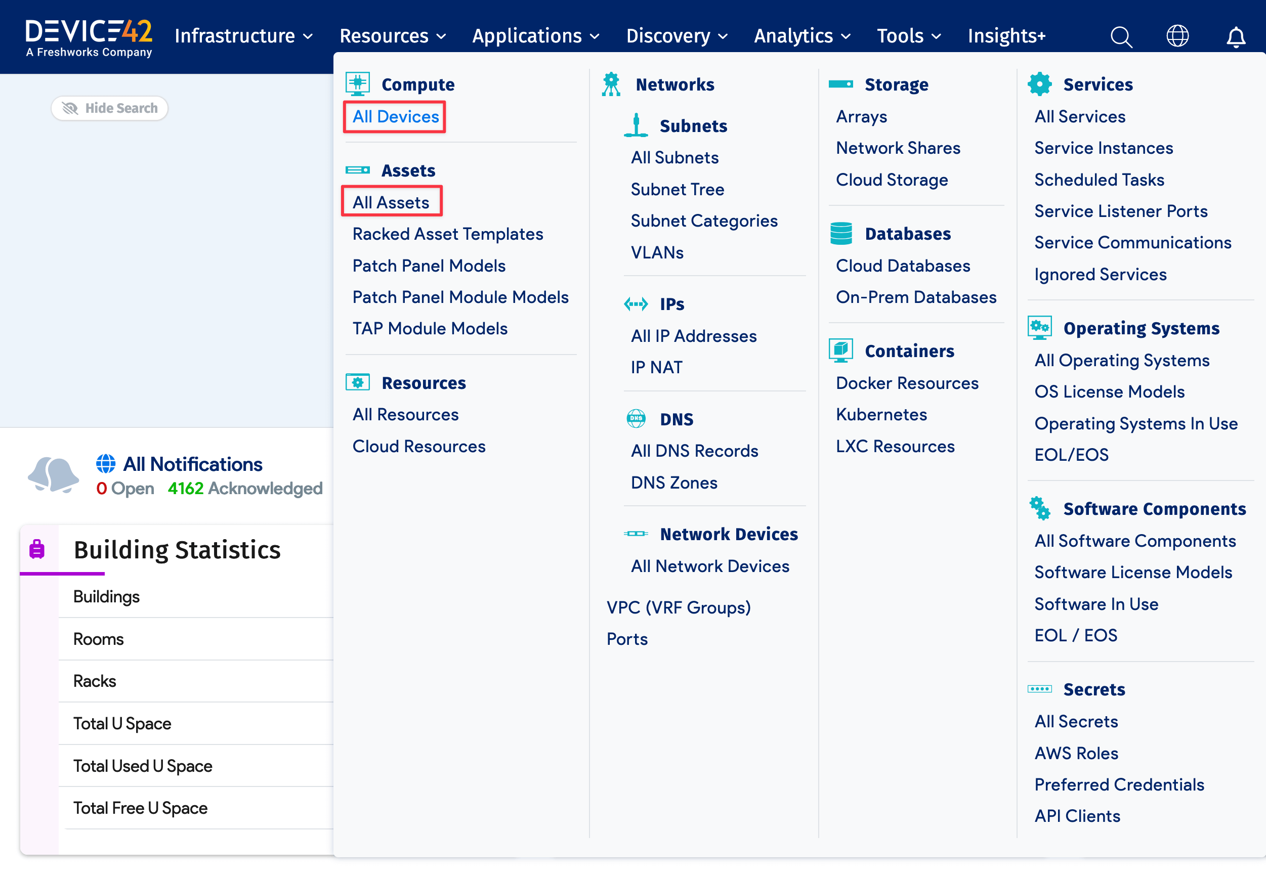 Device42 Resources menu
