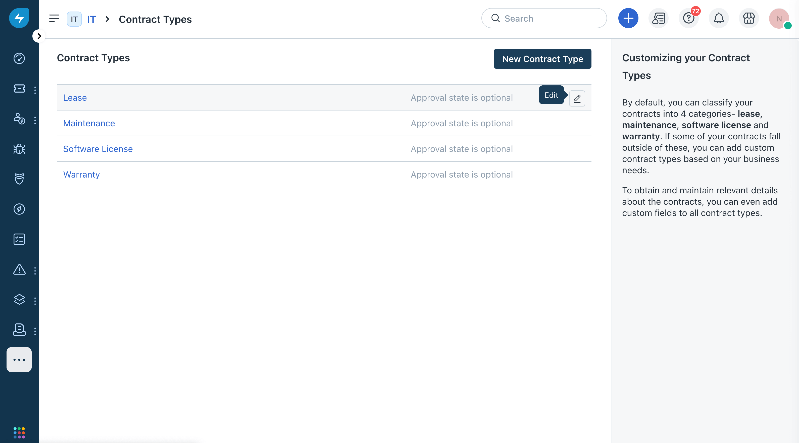 Edit icon for Lease contract type