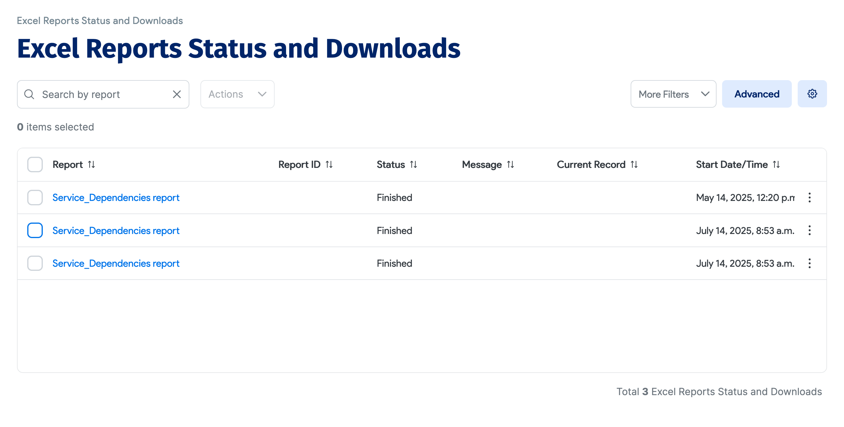 Excel Reports Status and Download page